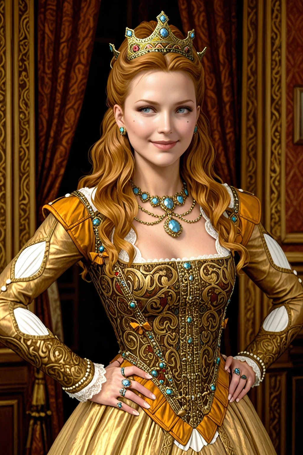 masterpiece, good quality, best quality, very awa, very as2, absurdres, highres, comic
<lora:Anna HenriettailluLoRA:1>anhnritta, long hair, wavy hair, crown, mole under eye, earrings, dress, necklace, gem, ring, hands on hips, smile