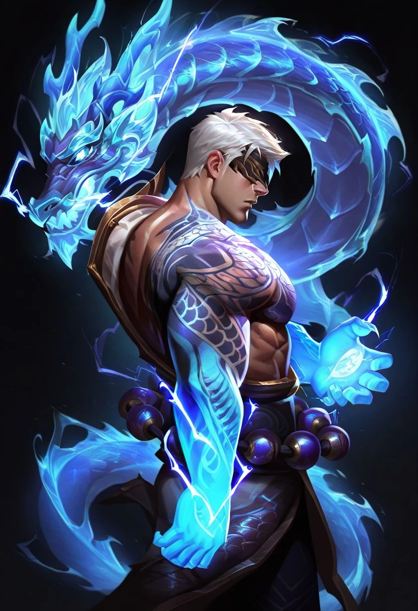 1boy,bara,male,solo,profile,black background,electricity,
one blue arm,blue eastern dragon,glowing,storm-dragon-lee-sin,tattoo,white hair,large beads around waist,blindfold,
(masterpiece, best quality, high quality, absurdres, high detail,bara),(mature male) BREAK
<lora:hand 5.5:1>,<lora:4k:1>,<lora:add-detail-xl:1>,<lora:saturation_v1:2>,<lora:SilverjowStylePonyXL:1>,<lora:storm_dragon_lee_sin:0.9>,, <lora:Expressive:0.8>,
