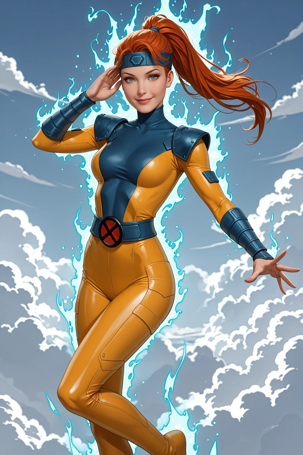 masterpiece, good quality, best quality, very awa, very as2, absurdres, highres,
<lora:Jean Grey Classic X-MenilluLoRA:1> jngryclsic, long hair, headband, turtleneck, bodysuit, pauldrons, vambraces, belt, flying, smile, clouds,magic, outstretched arm, aura, ponytail, hand to head