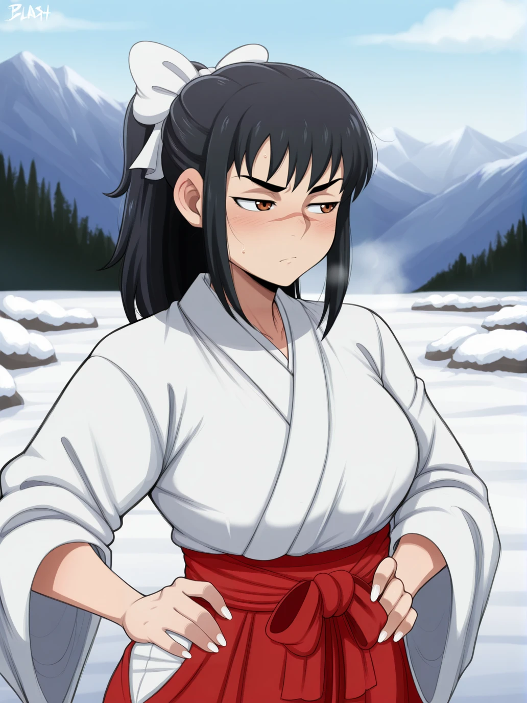 (masterpiece, amazing quality, best quality), <lora:blackwhiplash(bwl)-guy90-Illust-Lycorisv1:1>, blaash,
<lora:UtahimeIL:1>, iori utahime, 1girl, solo, long hair, black hair, ponytail, 
japanese clothes, miko, hakama, red hakama, bow, hair bow, skirt, red skirt, long skirt, 
scar, scar on face, scar on nose, brown eyes, 
hand on own hip, white nails,
outdoors, foresk, mountain, snow,
