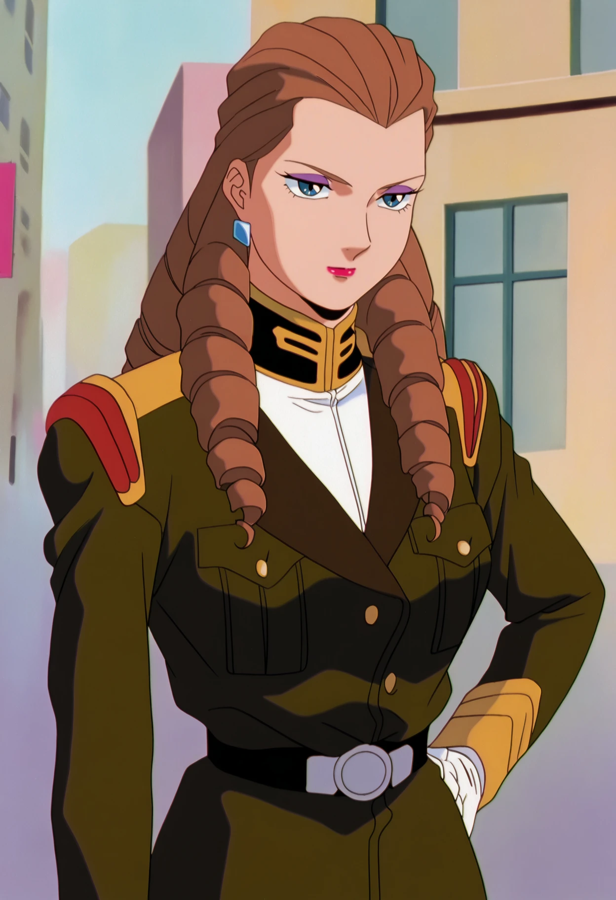 best quality, amazing quality, very aesthetic, absurdres,
BREAK
1girl, brown hair, long hair, makeup, drill hair, blue eyes, earrings, gloves, uniform, hand on hip, jewelry, military, military uniform, retro artstyle, sksgw, solo,1990s \(style\), outdoors, street, city street background, <lora:GundamWingNoobLocon_byKonan:1>