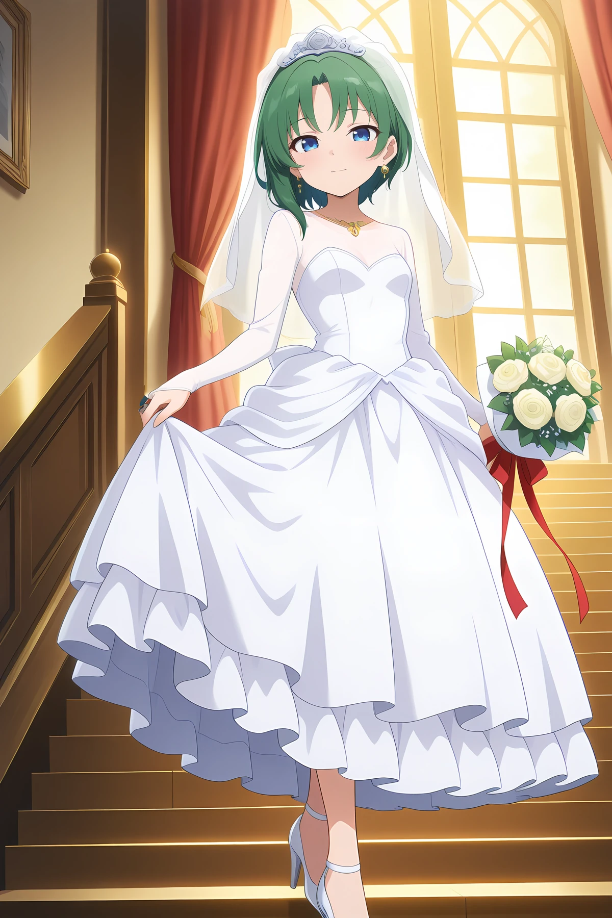 absurdres, highres, masterpiece, best quality, amazing quality, official anime artwork, screencap, anime screencap, looking at viewer, light smile, stairs,
<lora:Eiki-Shiki-Yamaxanadu_Illustrious:1> shiki eiki, 1girl, solo, green hair, blue eyes, short hair, small breasts,, alternate costume, bouquet, bridal veil, curtains, dress, earrings, frilled dress, high heels, holding bouquet, jewelry, long sleeves, ring, rod of remorse, skirt hold, veil, wedding dress, white dress, white footwear
