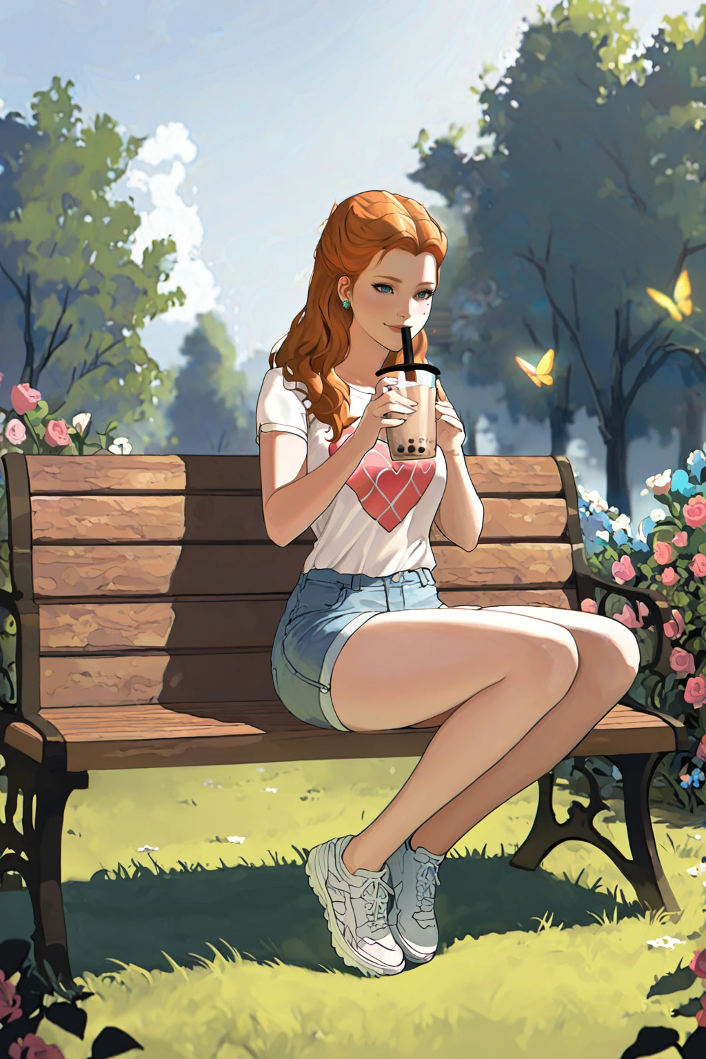 masterpiece, good quality, best quality, very awa, very as2, absurdres, highres,
<lora:Anna HenriettailluLoRA:1>anhnritta, long hair, wavy hair, mole under eye, earrings, t-shirt, heart print, shorts, sitting on a bench, park, tress, grass, butterflies, flowers, roses, smile, holding bubble tea