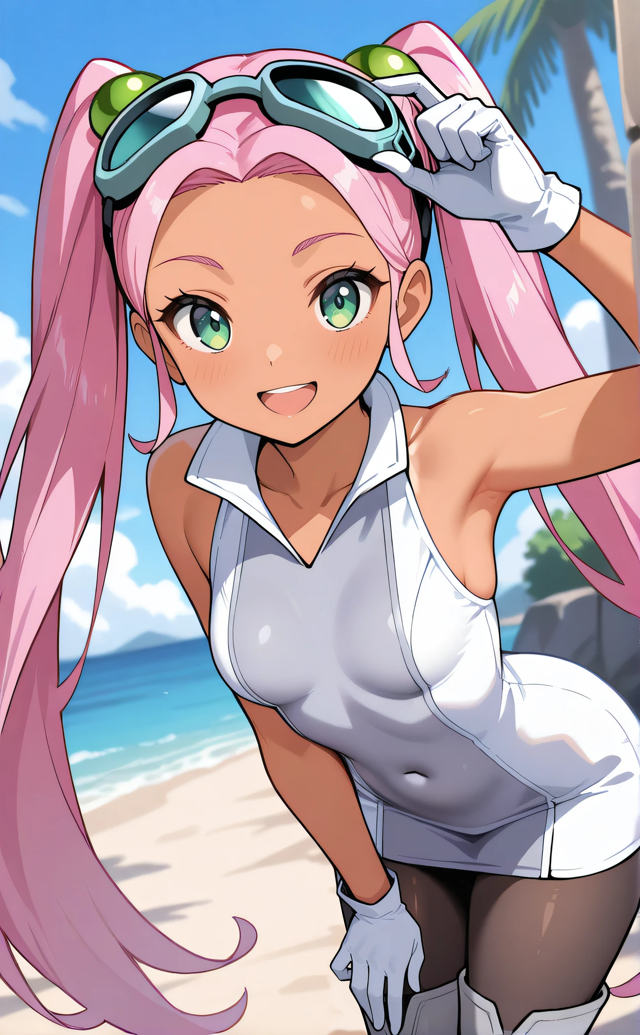 masterpiece, best quality, highres, newest, 1girl, <lora:Lovrina:1>, lovrina, tan, pink hair, green eyes, very long pigtails, goggles on head, green_bobble_ornaments, collarbone, short dress, grey stomach, sleeveless, white gloves, black pantyhose, grey thigh boots, looking at viewer, smile, outdoor, cowboy shot, open mouth, adjusting goggles, five fingers, bent over