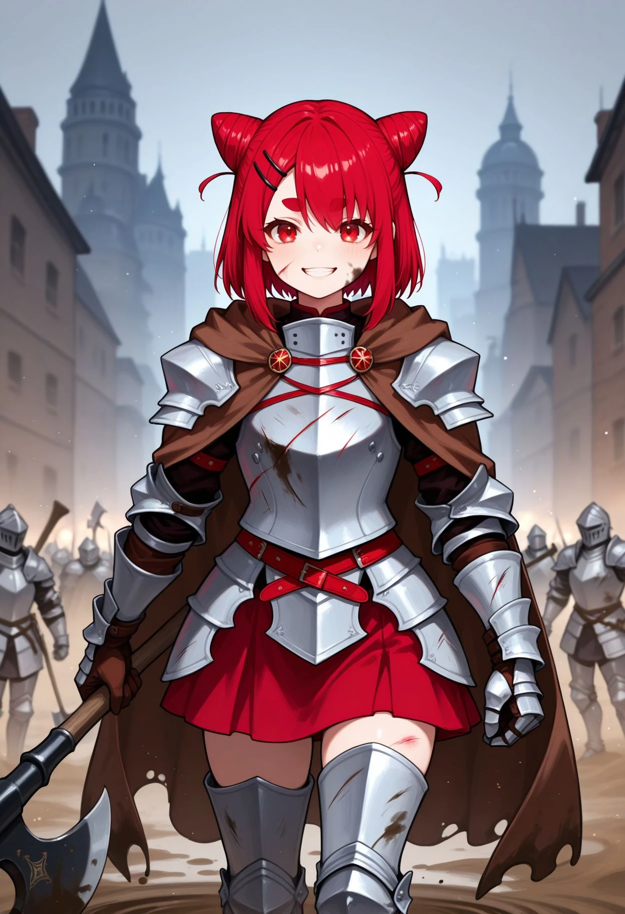 masterpiece, best quality, high resolution, absurdres,
,depth of field,blurry background,cityscape,bokeh,
battlefield background, gloves, clenched teeth, brown cloak, looking at viewer, simple background, hair between eyes, upper body, cape, injury outdoor, mud, holding axe, , armor, armored boots, boots, breastplate, gauntlets, greaves, holding axe, holding weapon, knight, plate armor, shoulder armor, skirt, smile, solo, standing, axe, thighhighs, weapon <lora:nekoyamada neko illu:1> 1girl, red hair, red eyes, thick eyebrows, hairclip, hair ornament, double bun, cone hair bun, short eyebrows