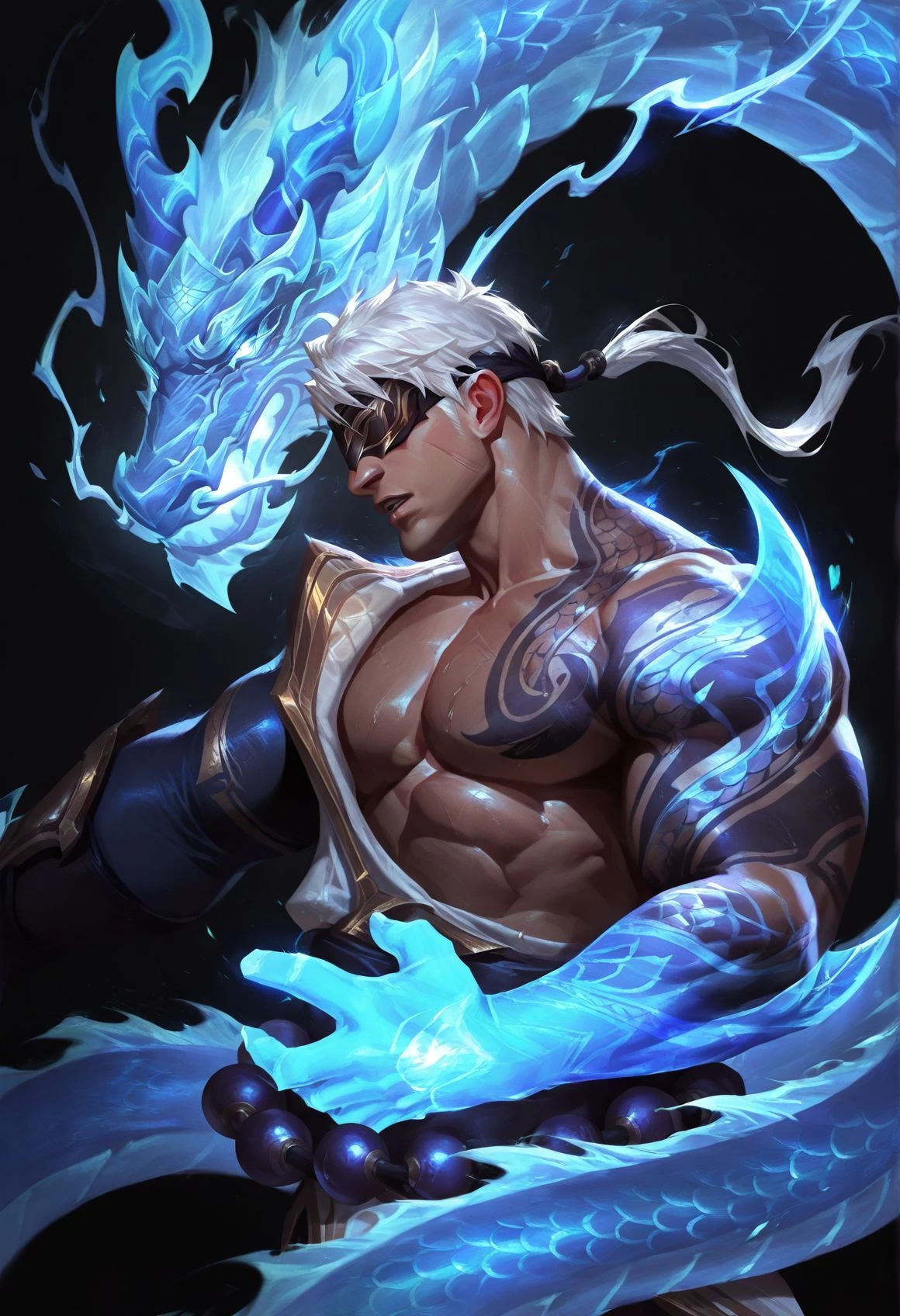 1boy,bara,male,solo,profile,parted lips,black background,
one blue arm,blue eastern dragon,glowing,storm-dragon-lee-sin,tattoo,white hair,large beads around waist,blindfold,ponytail,
(masterpiece, best quality, high quality, absurdres, high detail,bara),(mature male) BREAK
<lora:hand 5.5:1>,<lora:4k:1>,<lora:add-detail-xl:1>,<lora:saturation_v1:2>,<lora:SilverjowStylePonyXL:1>,<lora:storm_dragon_lee_sin:0.9>,, <lora:Expressive:0.8>,