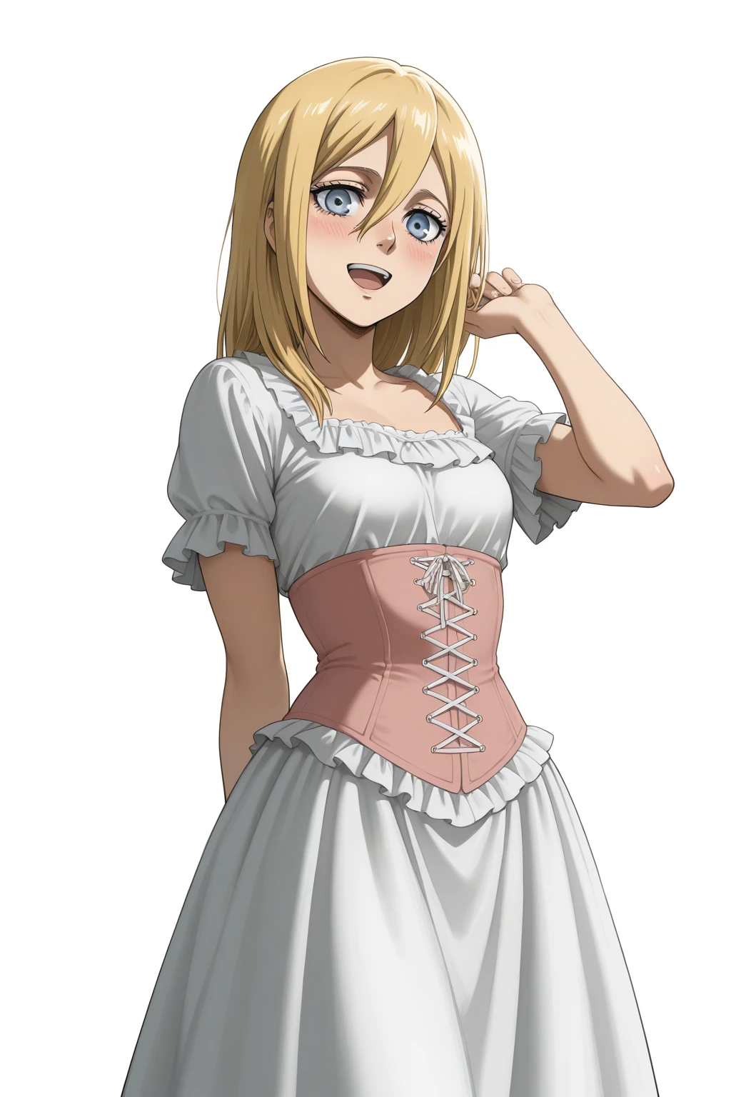 masterpiece, best quality, absurdres, krista lenz, shingeki no kyojin, 1girl, blonde hair, blue eyes, blush, corset, dress, frilled dress, frilled sleeves, frills, hair between eyes, long dress, long hair, looking at viewer, open mouth, pink corset, short sleeves, simple background, smile, solo, white background, white dress