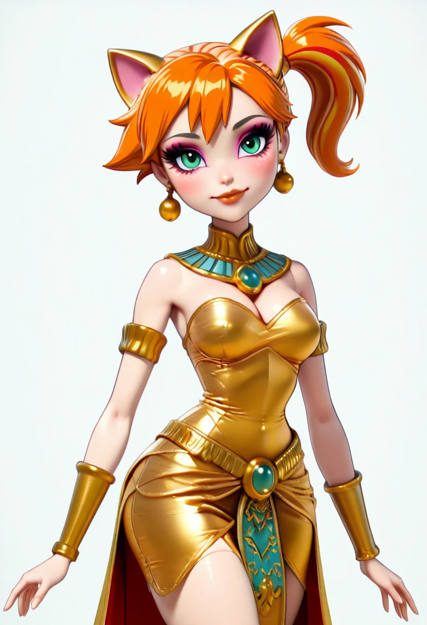 masterpiece, best quality, medium breasts, (curvy),   BREAK, zzMisty, green eyes, orange hair, short hair, side ponytail, <lora:MistyPokemonIXL:1.0>,smile, looking at viewer, cowboy shot,  blush, head tilt, dynamic pose,    gold hair, multicolored hair,  animal ears, cat ears, makeup, eyeliner, lipstick, earrings, necklace, bracelet,  shoulderless dress, metallic details,     <lora:Rd3degyptian_IXL:1.2>,