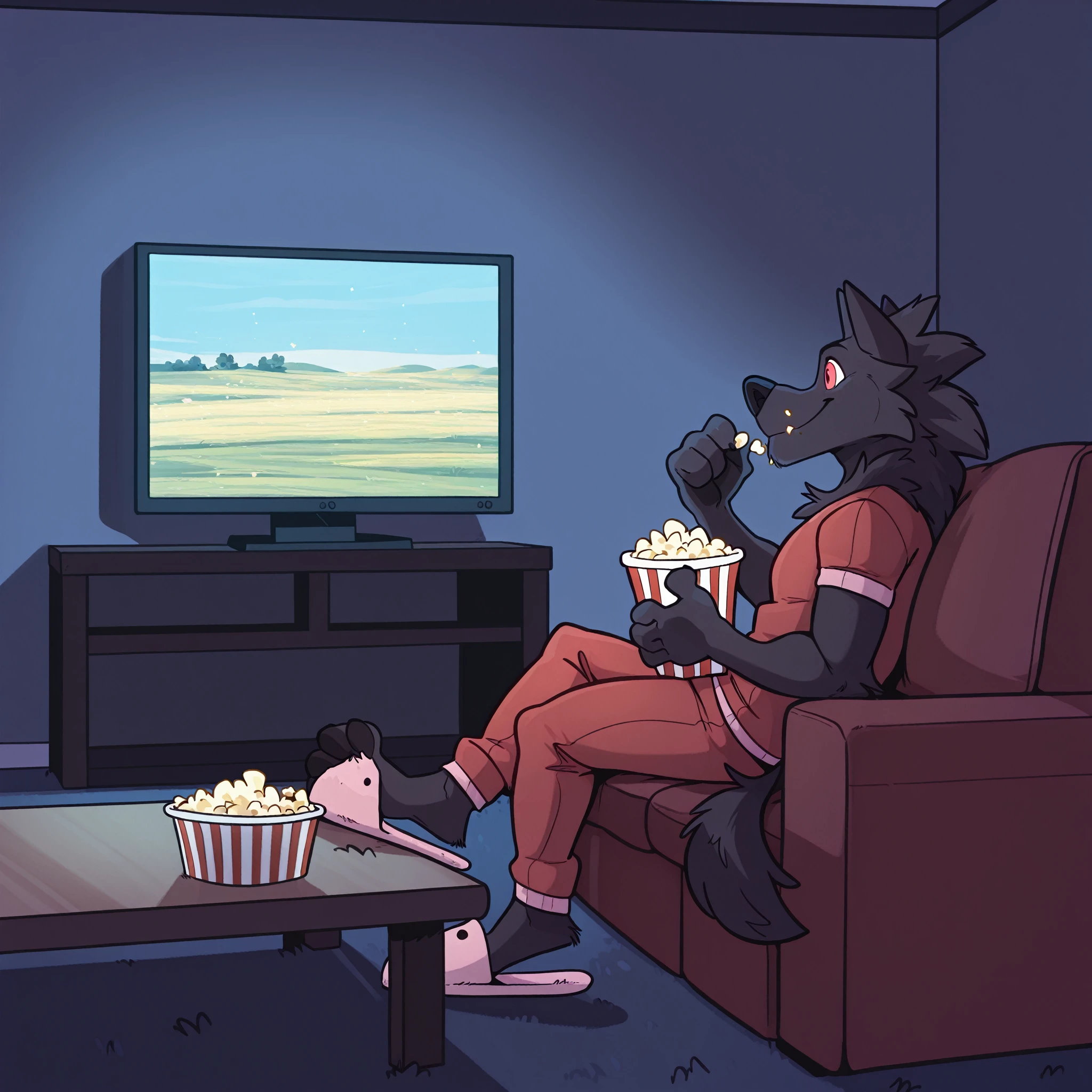 1boy, by haps. A drawing of an anthro leon_(i_think_i_like_you) in the safety of his own home while he is relaxing on the couch with a smile on his face and a bucket of popcorn in his lap with his feet resting on the table while he watches television. Solo, leon_(i_think_i_like_you), anthro, wolf, male, black fur, black body, red eyes, wearing pyjamas, slippers, popcorn, eating popcorn, livingroom, sitting, couch, (side view:0.7), table, feet on table. BREAK good lighting. <lora:HapsStyle.safetensors:1.0>, <lora:Leon_I_Think_I_Like_You_Illustrious.safetensors:1.0>