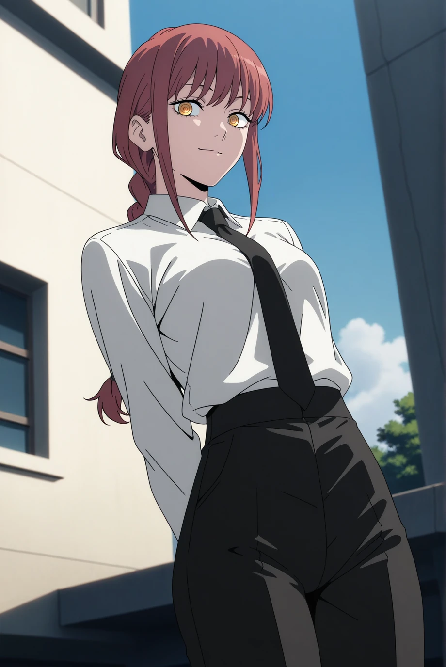 <lora:scott-style-09:1> scott_pilgrim_style, <lora:chainsawmakima:0.7> makima, long hair, smile, bangs, (small breasts:1.2), (yellow eyes:1.2), braid, red hair, braided ponytail, ringed eyes, , shirt, long sleeves, jacket, white shirt, necktie, collared shirt, pants, black jacket, black pants, formal, suit, black necktie, shirt tucked in, office lady, classroom, (view from below:1.2), sexy, looking at viewer, evil smile, 1girl, (masterpiece:1.3), high quality, highres, absurdres, solo