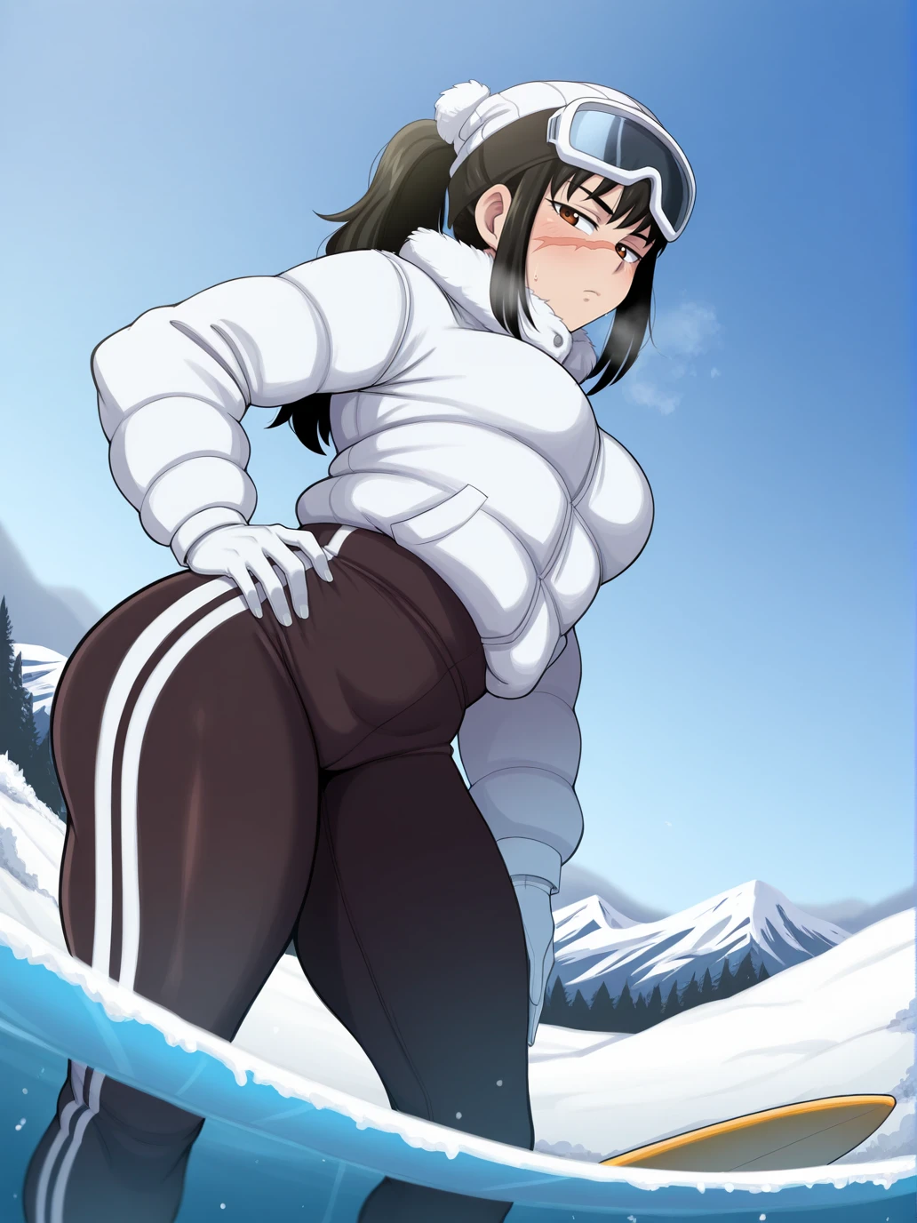 (masterpiece, amazing quality, best quality), <lora:blackwhiplash(bwl)-guy90-Illust-Lycorisv1:1>, blaash,
<lora:UtahimeIL:1>, iori utahime, 1girl, solo, long hair, black hair, ponytail,
ski goggles, hat, beanie, goggles on head, goggles on headwear, pom pom (clothes), winter clothes, winter coat, white gloves, long sleeves, pants, outdoors, surfboard, surfing, from below, dynamic pose, confidence, dutch angle, solo,
scar, scar on face, scar on nose, brown eyes,
hand on own hip, white nails,
outdoors, foresk, mountain, snow,