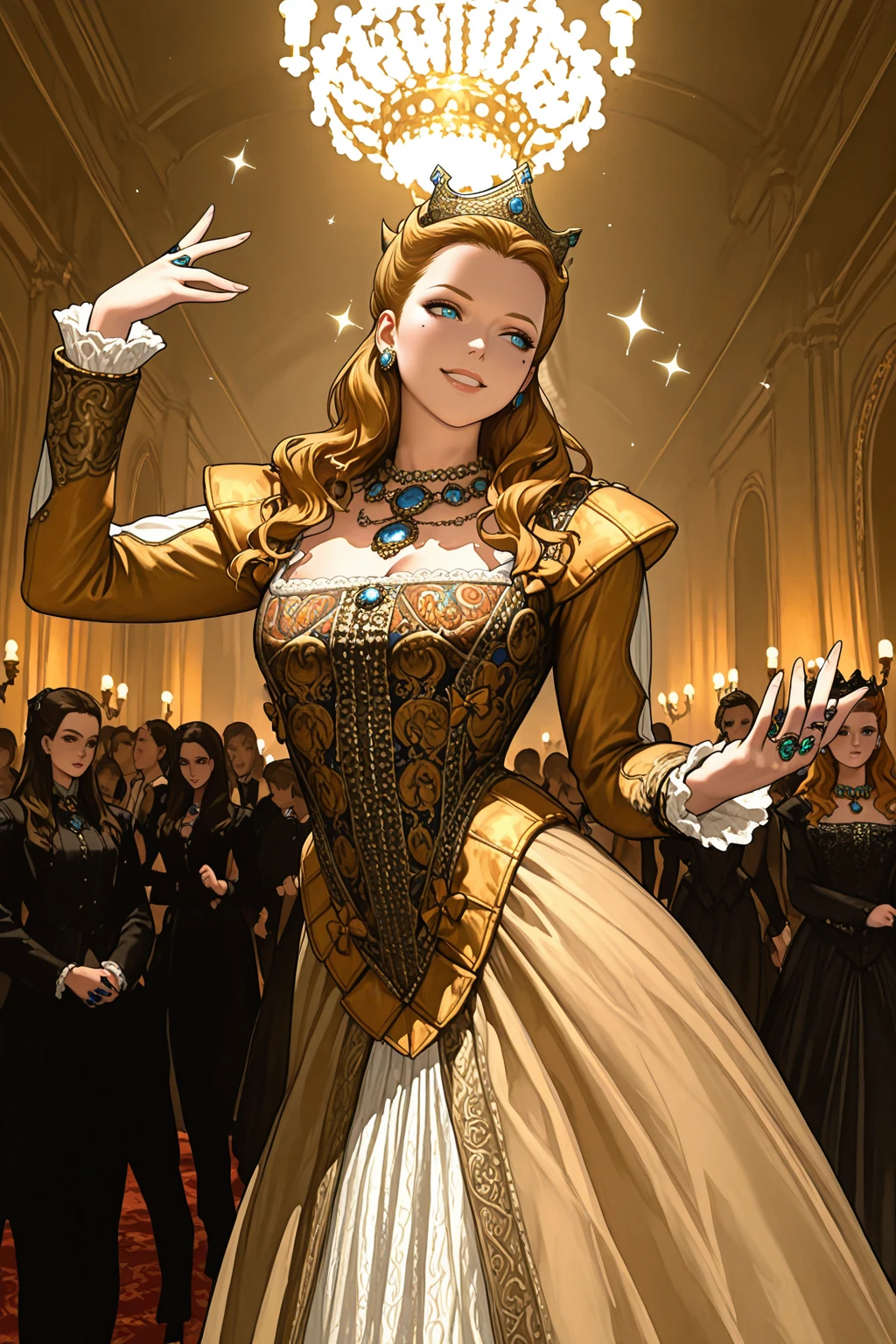 masterpiece, good quality, best quality, very awa, very as2, absurdres, highres, comic
<lora:Anna HenriettailluLoRA:1>anhnritta, long hair, wavy hair, crown, mole under eye, earrings, dress, necklace, gem, ring, sexy smile, sexy pose, in a ballroom, dancing, dynamic pose, smile, sparkle, crowd in the dark, candle light, long sleeves
<lora:Blade & SoulStylelluLYCO:1> bns, dynamic pose
