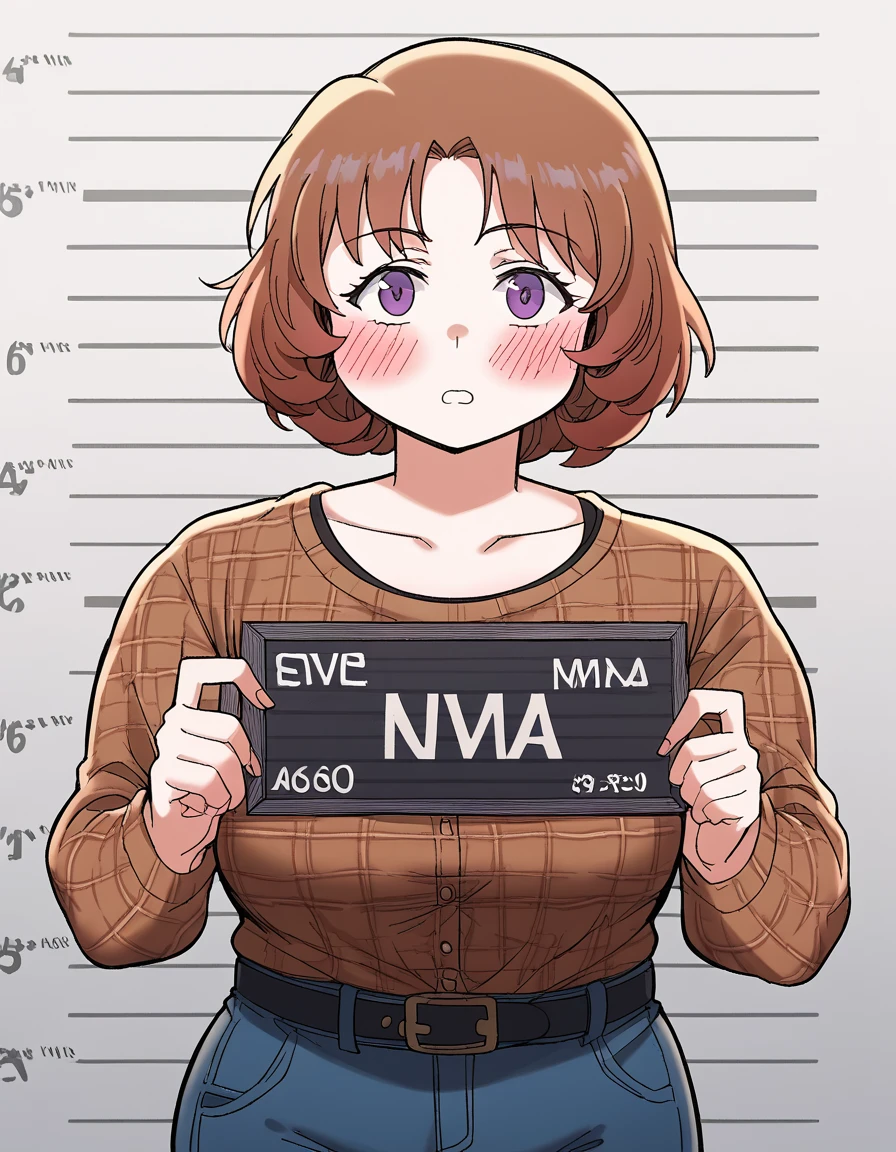 score_9, score_8_up, score_7_up, source_anime, <lora:hyuna-cha-manhwa-ponyxl-lora-nochekaiser:1>, hyuna cha, short hair, brown hair, purple eyes, large breasts,, shirt, collarbone, long sleeves, plaid, plaid shirt, light brown shirt, pants, denim, belt,, street market, vendor, street food, bustling crowd, local flavor, vibrant, , <lora:barbie-mugshot-ponyxl-lora-nochekaiser:1> barbie mugshot, barbie mugshot (meme) height mark, holding sign, nameplate, height chart, sign, meme, blush, cowboy shot, looking at viewer, solo,, cowboy shot, solo