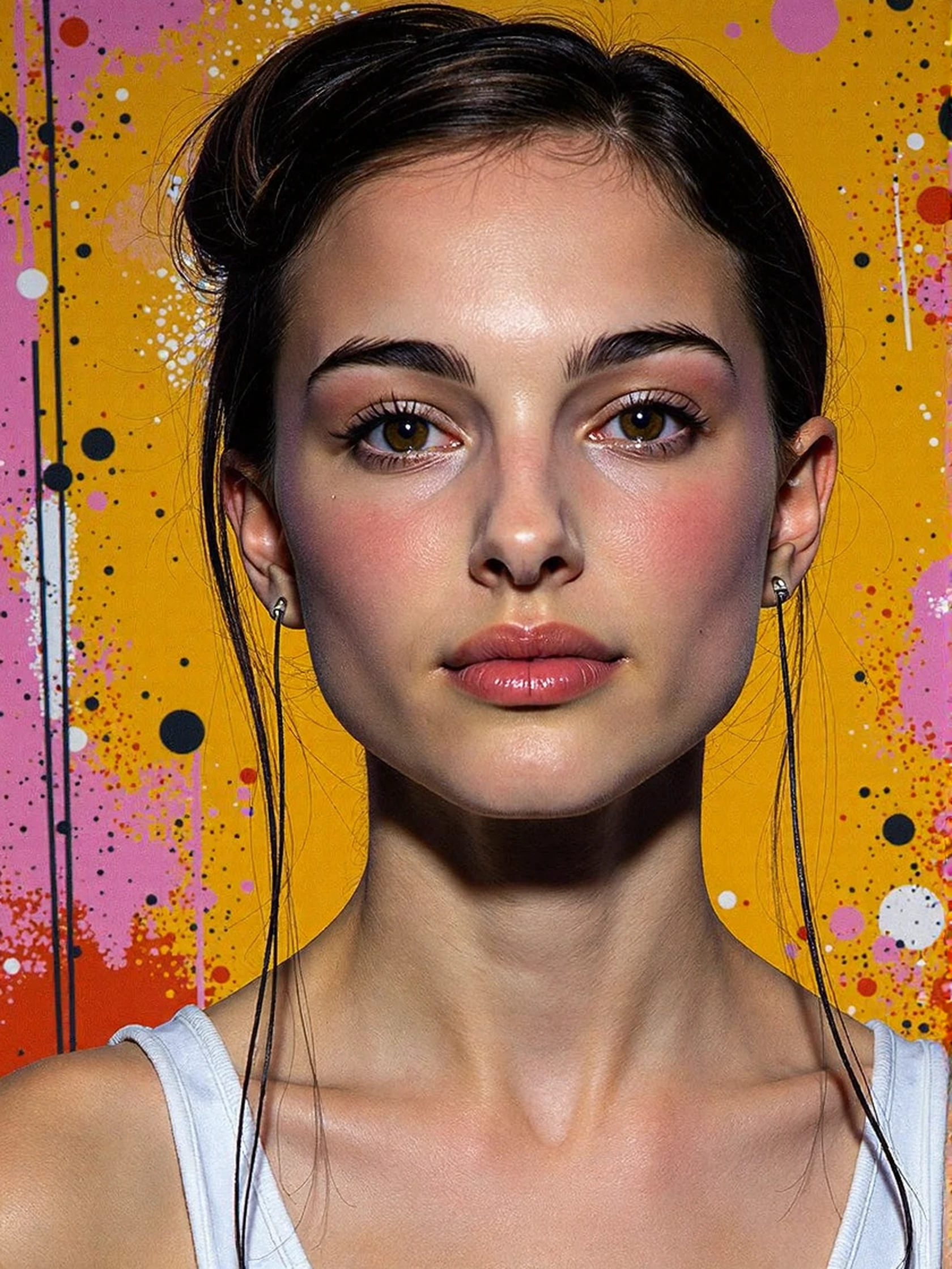 <lora:natalie-portman-ca1999-000006:1> woman Basquiat Style, Neo-Expressionist, Primitive, Graffiti, Social Commentary, Polished, Looking Directly At The Viewer, Looking Directly At The Camera, Making Eye Contact, Looking Straight Ahead, <lora:zz_s_Chest_Size_Slider:-2> High Collar, Chest Covered