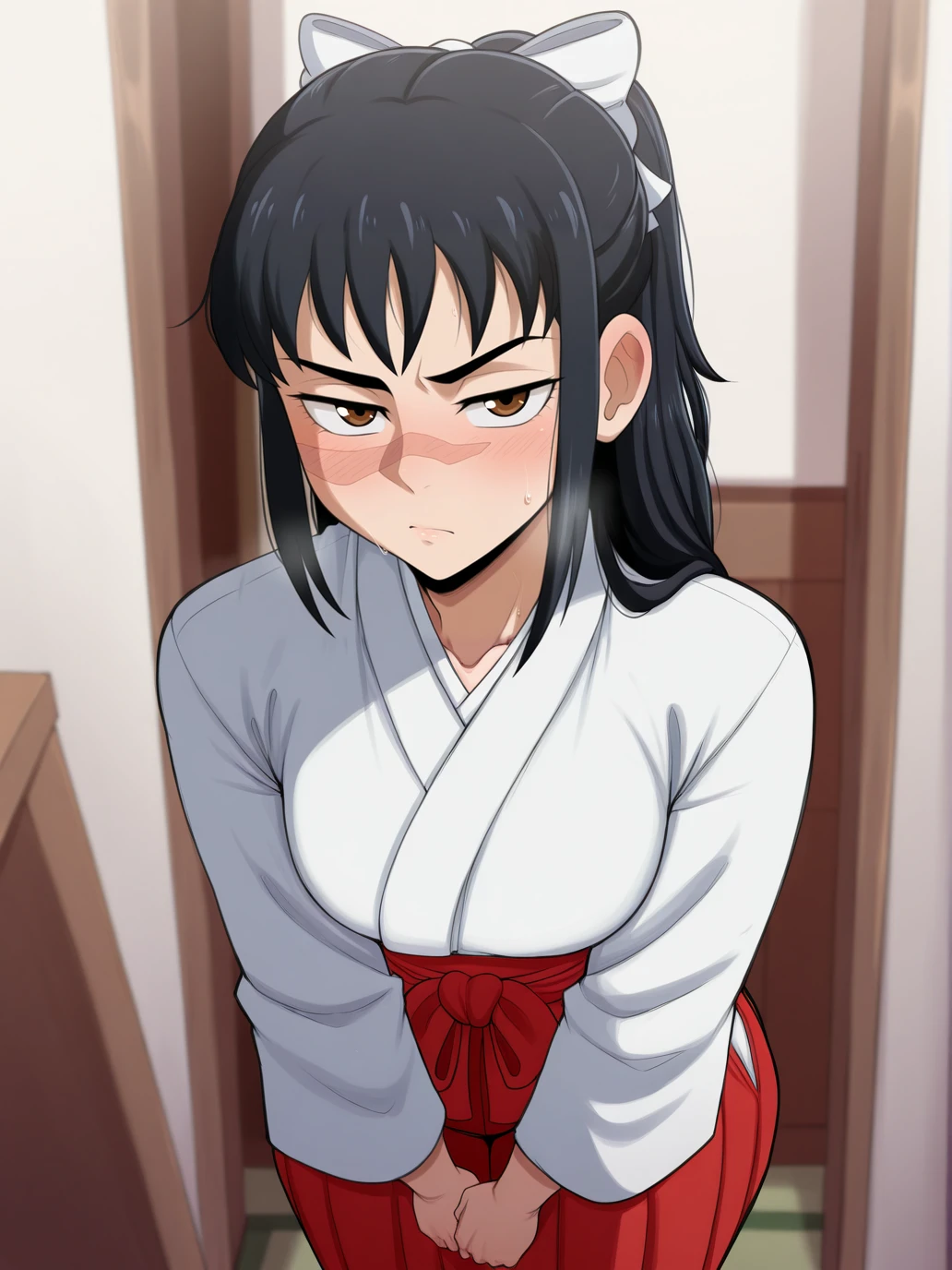 (masterpiece, amazing quality, best quality), <lora:blackwhiplash(bwl)-guy90-Illust-Lycorisv1:1>, blaash,
<lora:UtahimeIL:1>, iori utahime, 1girl, solo, long hair, black hair, ponytail,
skirt, hakama, hakama skirt, red hakama, skirt, red skirt, long skirt, japanese clothes, miko, bow, ribbon, hair ribbon, brown boots, looking at viewer,
scar, scar on face, scar on nose, brown eyes,
standing,