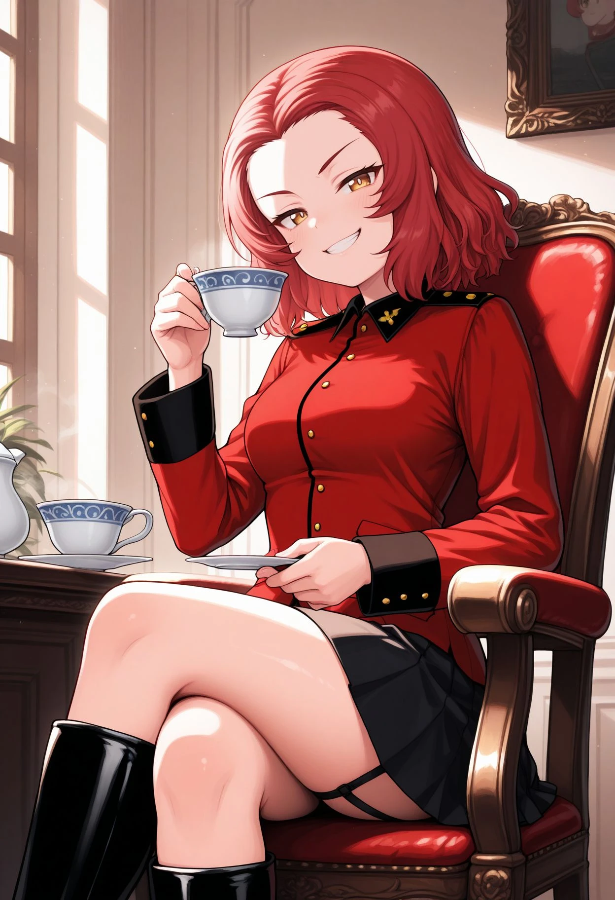 masterpiece,best quality,highres,ultra-detailed,bbpeko,short hair,braid,black bow,parted bangs,st. gloriana's military uniform,epaulettes,red jacket,long sleeves,skirt,black skirt,boots,black footwear,<lora:orange_pekoe:0.7>, cup, holding cup, tea, teacup, serving tea