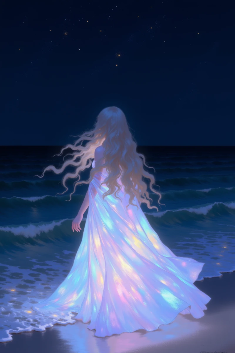Be_luminous,close up,The image depicts a mystical scene set at night. A woman with long,flowing hair that appears to be glowing with a soft,ethereal light stands at the edge of a body of water,possibly a lake or sea. Her hair cascades down her back,blending into the luminous fabric of her long,flowing dress,which shimmers with a spectrum of pastel colors,reflecting the starlight and light from the distant horizon.,
She is gazing out into the distance,her silhouette outlined by the ambient light,creating a sense of tranquility and contemplation. The stars dot the dark sky above,adding to the magical atmosphere. The water around her is calm,with gentle ripples that catch the light,enhancing the dreamlike quality of the scene.,
The overall mood of the image is one of peace and enchantment,with the woman's presence suggesting a connection to the natural world and the cosmos. The artist has skillfully used light and color to evoke a sense of wonder and serenity.,