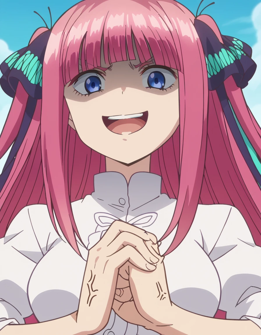 score_9, score_8_up, score_7_up, source_anime, <lora:nino-nakano-s1-ponyxl-lora-nochekaiser:1>, nino nakano, long hair, bangs, blue eyes, hair ornament, hair ribbon, pink hair, blunt bangs, two side up, butterfly hair ornament, large breasts, anime screencap, <lora:cracking-knuckles-ponyxl-lora-nochekaiser:1>, cracking knuckles, shaded face, open mouth, looking at viewer, looking down, fist in hand, own hands together, anger vein, false smile, ,