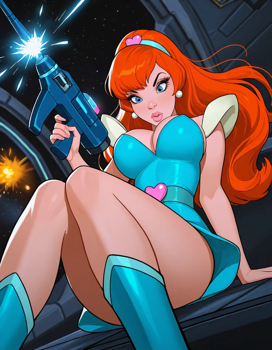 A teenage girl with an extra large chest, wavy orange hair, soft waves, long, her green eyes, and she wears a pink striped bra with a silver line, her metallic pink panties, and wearing a protective base arm and legs, a gray robotic boot, space.