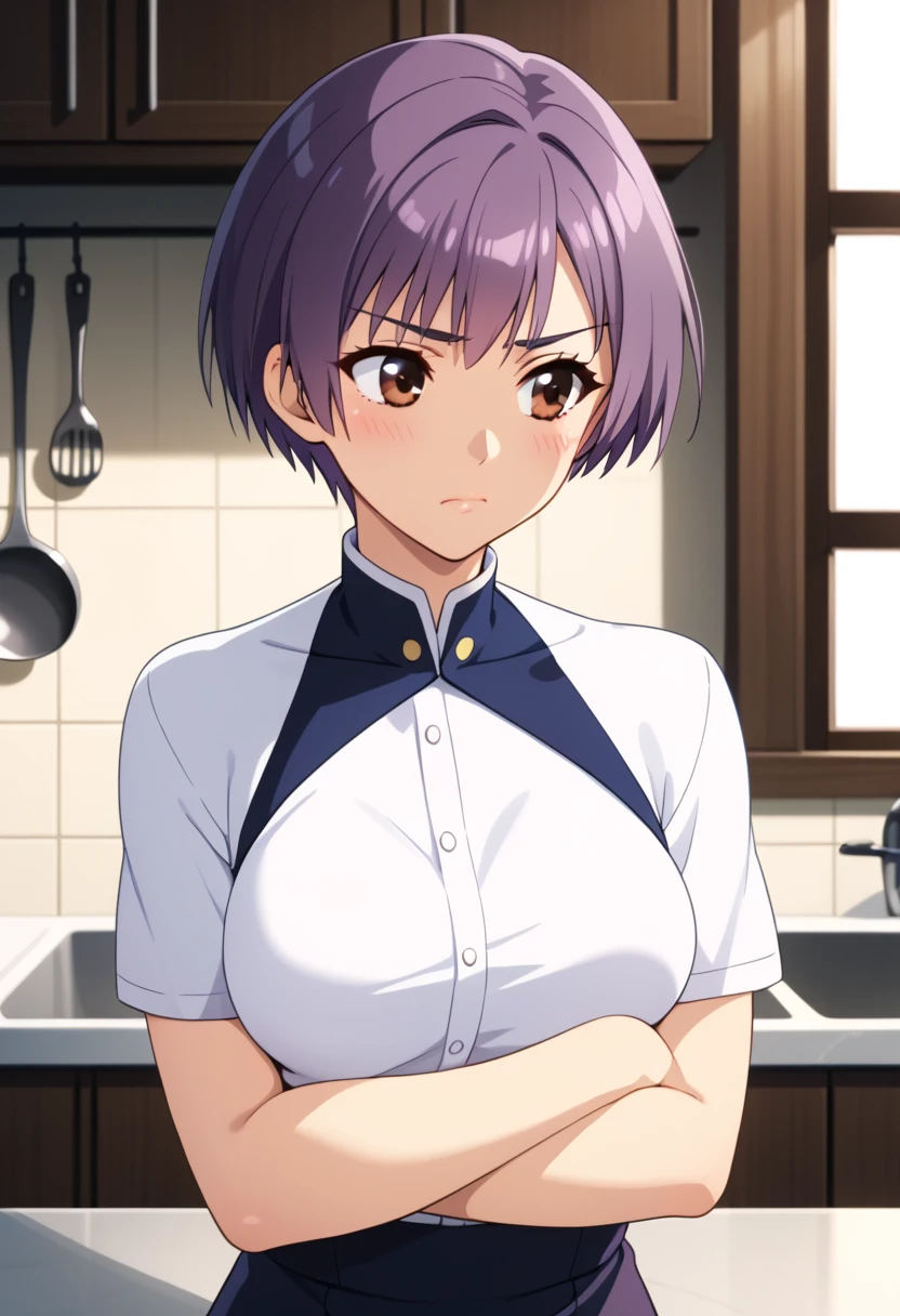 score_9, score_8_up, score_7_up, BREAK <lora:SatomiKo:1> ,saatomi, 1girl,brown eyes,purple hair,short hair,medium breasts,chief uniform,pouting,looking away,crossed hands,blush,kitchen