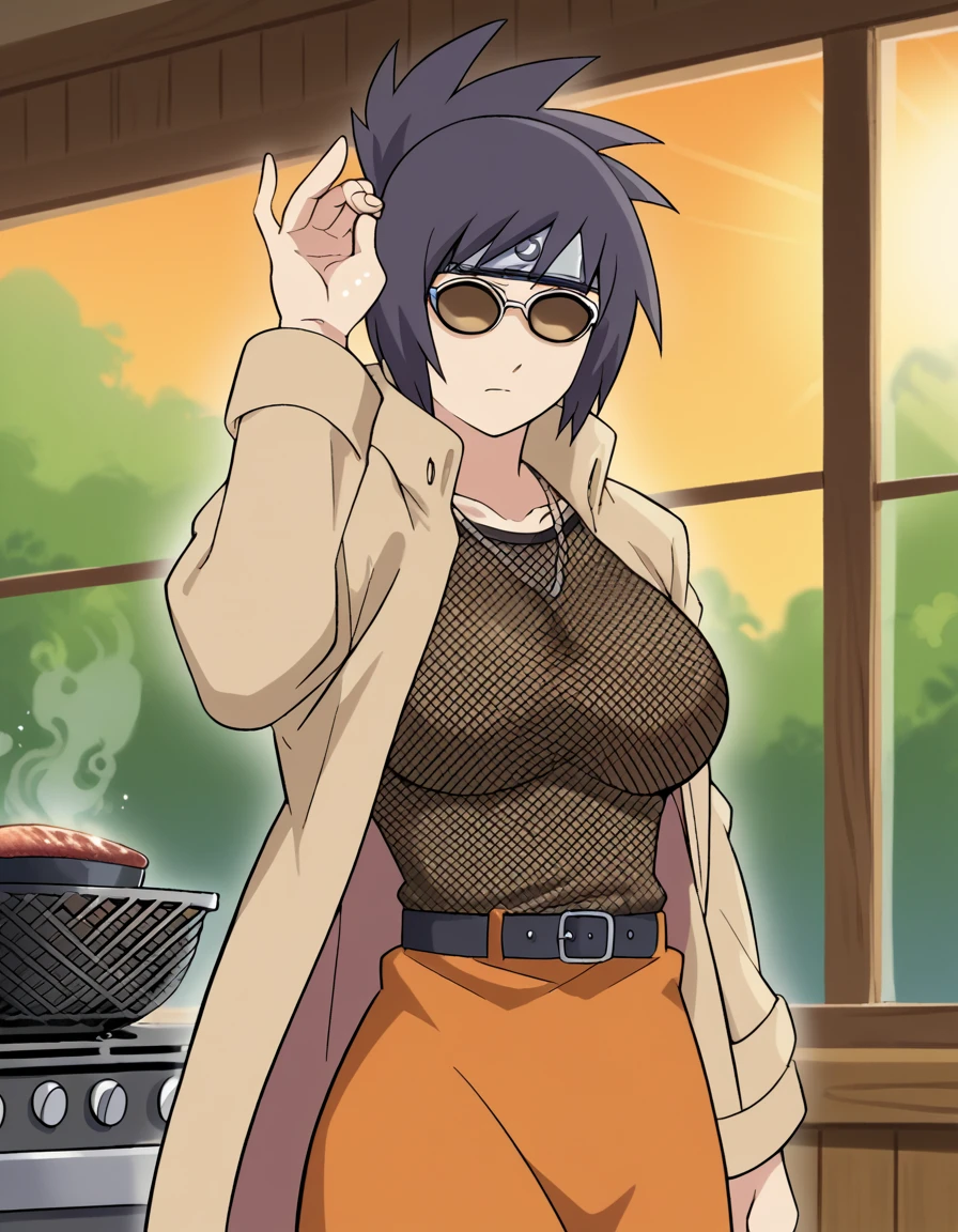 score_9, score_8_up, score_7_up, source_anime, <lora:anko-mitarashi-shippuden-ponyxl-lora-nochekaiser:1>, anko mitarashi, black hair, brown eyes, forehead protector, folded ponytail, large breasts, anime screepcap, blank eyes,, skirt, long sleeves, open clothes, belt, coat, fishnets, open coat, orange skirt, miniskirt, fishnet bodystocking, cafe, coffee cup, barista, sitting down, talking, relaxing, sunlight through window, , <lora:salt-bae-ponyxl-lora-nochekaiser:1> salt bae, salt bae (meme), salt, springkling, meme, cooking, steak, sunglasses, mean, grilling, grill, frying pan, food, hand up,, looking at viewer, solo,, cowboy shot, solo