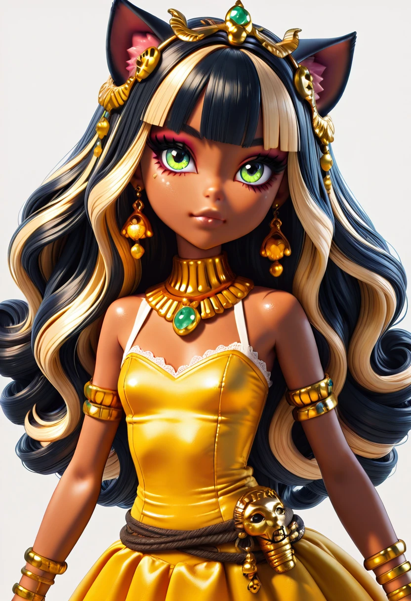 masterpiece, best quality, 1girl, solo, eyelashes, (beautiful eyes), 1girl, solo, very long hair, black hair, green eyes, looking at viewer, animal ears, cat ears, colored skin, dark-skinned female, hair ornament, gold necklace, earrings, bracelet, makeup, lips, simple background, multicolored hair, sleeveless dress , <lora:Rd3degyptian_IXL:1.0>,