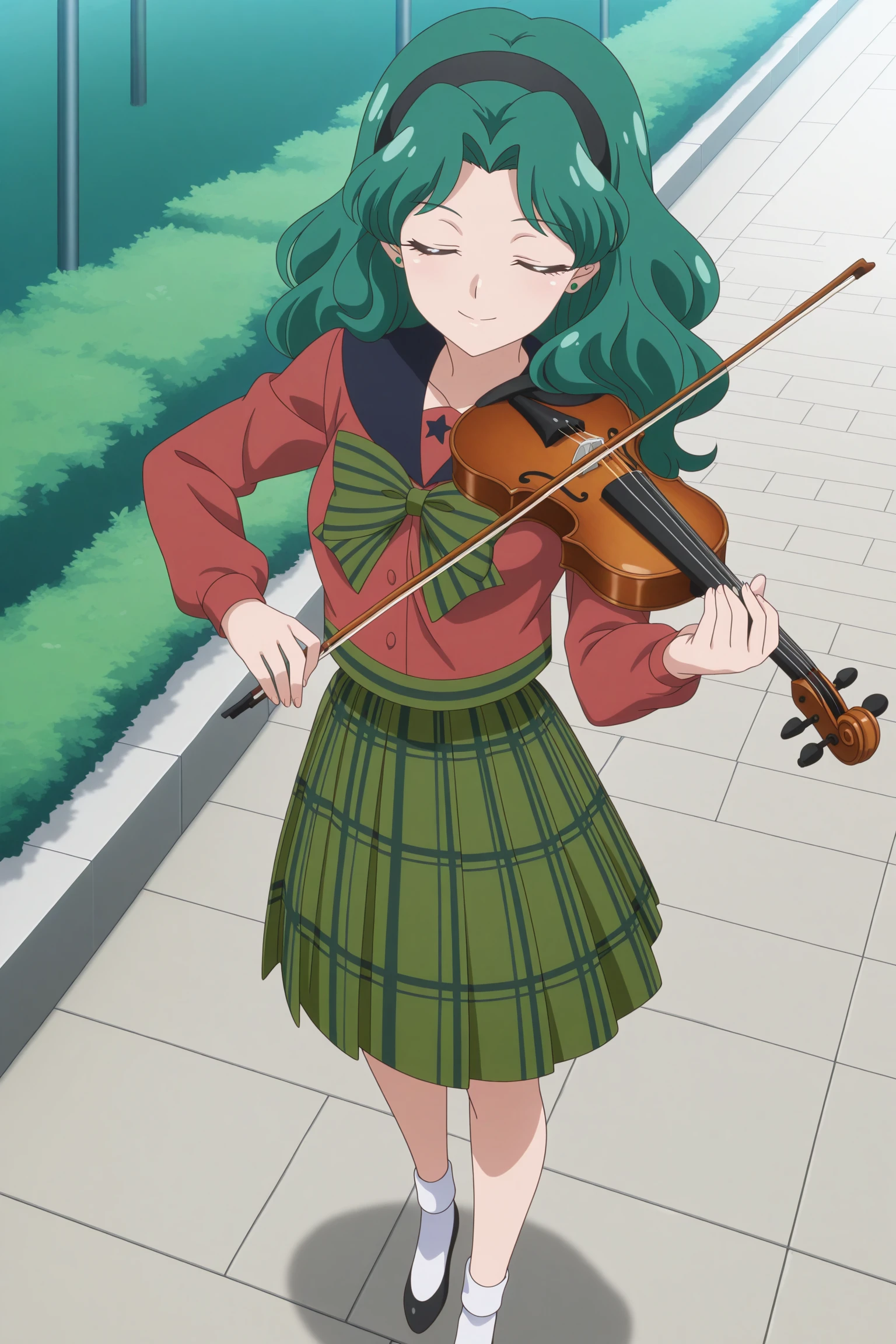 masterpiece, best quality, amazing quality, highres, absurdres, very aesthetic, high resolution, ultra detailed, perfect details, 1girl, solo, outdoors, school, kaiou michiru, long hair, green hair, wavy hair, parted bangs, black hairband, closed eyes, green stud earrings, long sleeves, red shirt, blue sailor collar, green bow, striped bow, green skirt, plaid skirt, pleated skirt, medium skirt, white socks, ankle socks, black footwear, flats, high heels, <lora:Michiru_Kaiou_ILXL:0.8>, (aged up:1.2), (full body), (seductive smile:1.3), looking at viewer, (anime screencap:1.5), (anime coloring:1.5), violin, bow_(music), holding violin, from above