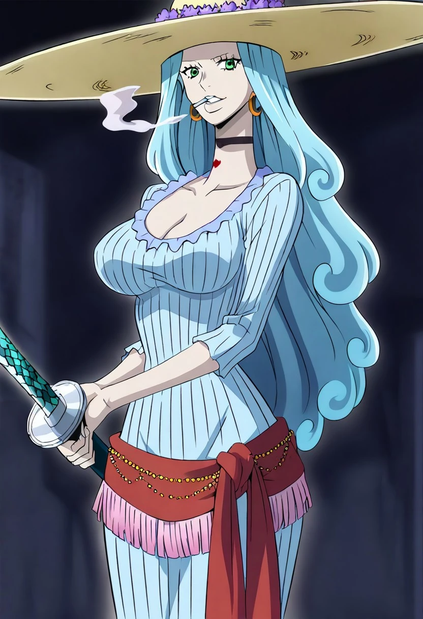 CharlotteAmandeOP, 1girl, solo, tall woman, slim woman, extremely pale woman, long hair, light blue hair, curled hair, green eyes, large lips, cigarette, cigarette smoke, cigarette in corner of her mouth, hooped earrings, hat with an extremely wide brim, cold and melancholic expression face, very long neck, tattoo on neck, stripe and two hearts tattoo, light blue dress, dress with vertical stripes, large breast, cleavage, red sash around her waist, black shoes, left-handed, weapon, katana,
seductive pose, sexy pose, tease,
detailed face,
beautiful aesthetic, very intricate, high quality details,vibrant, highly detailed, award-winning, professional,anime artwork, anime style, studio anime, athletic, curvy body, athletic girl, perky tits,large breast,perfect tits, round breasts, nipple outline, pinup pose,teasing, dynamic lighting, cinematic, smug, better than you, aura of temptation, highly detailed, high resolution, masterpiece, detailed clothes, detailed background, highly detailed, ((sound effects)) comic layout,