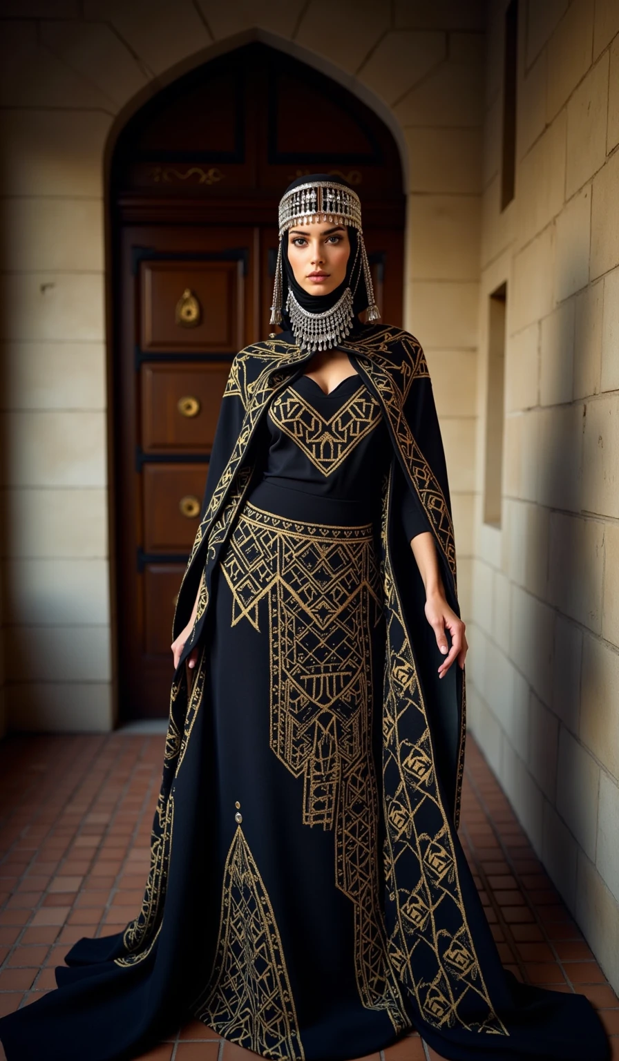 Vogue Arabic clothes traditions style cover shot, statuesque model in contemporary takchita-inspired evening wear with geometric laser-cut patterns, ornate headpiece with cascading crystals, shot in modernist palace interior, dramatic shadow play, Paolo Roversi's ethereal lighting technique, cinematic color grading