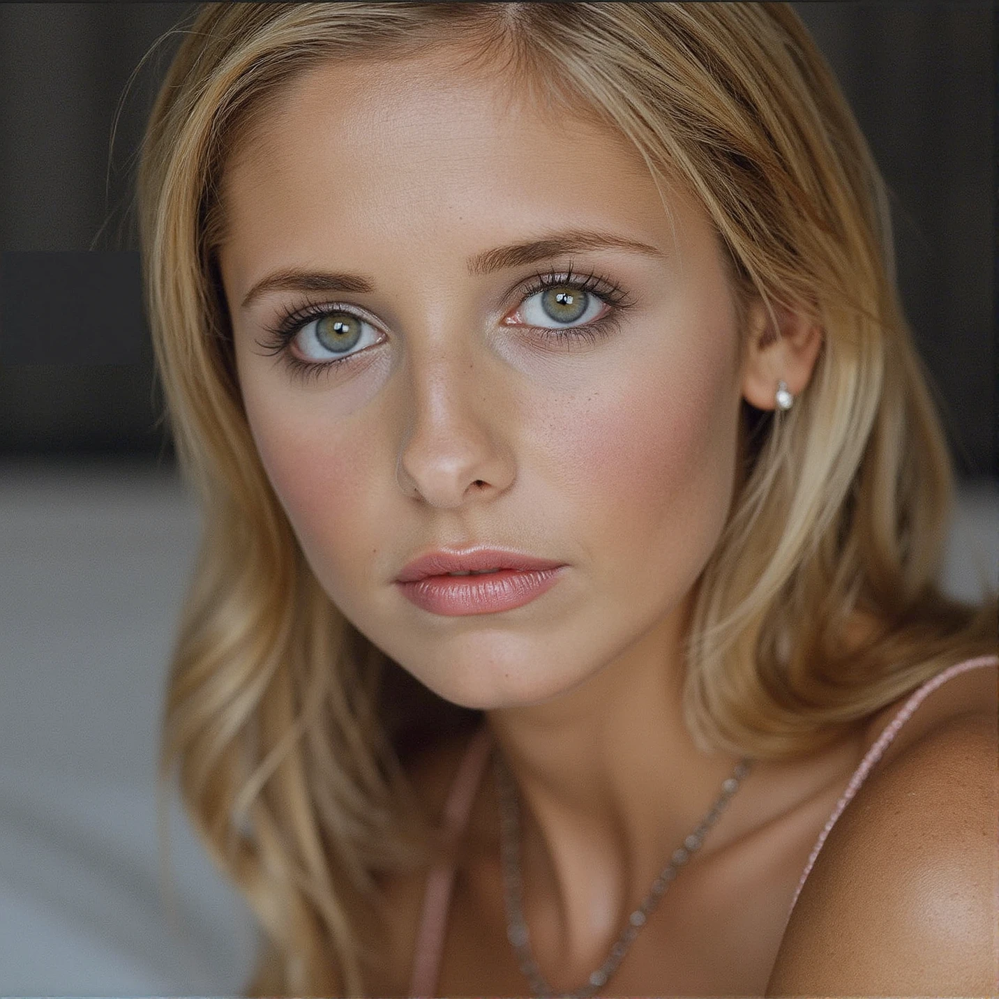 Breathtaking over the shoulder shot photography of ohwx looking at viewer, imperfections, necklace, looking at viewer, eyelashes, fine hair detail, entire hairstyle visible, perfect eyes with iris pattern, sensual lips, nose, (perfectly sharp:1.3), realistic textures, (deep focus:1.5), 8k uhd, dslr, ultra high quality image, film grain, Fujifilm XT3