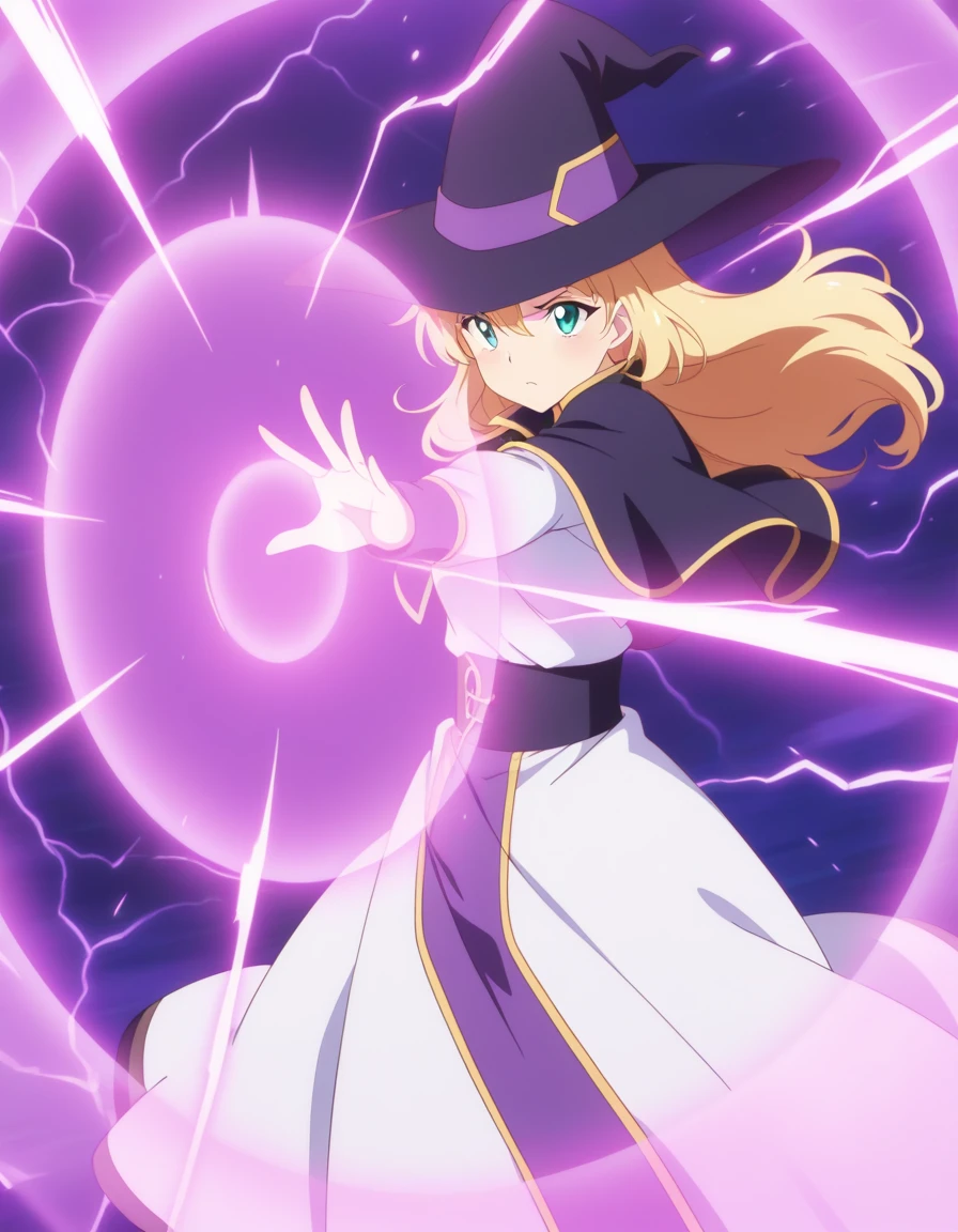 ailand,barriereffect,((barrier,energy barrier)),1girl,solo,witch,witch_hat, action,dynamic pose, cowboy shot, action,magic,<lora:barrier_v1_illustrious_d:.8> ,staff, long hair, blonde hair,capelet,deflect,magic,incoming attack,long dress, force_field,aura,outstretched arm, electricity,,((anime_coloring)),anime_screencap,studio_anime,<lora:ailand_v1_illustrious:1>
