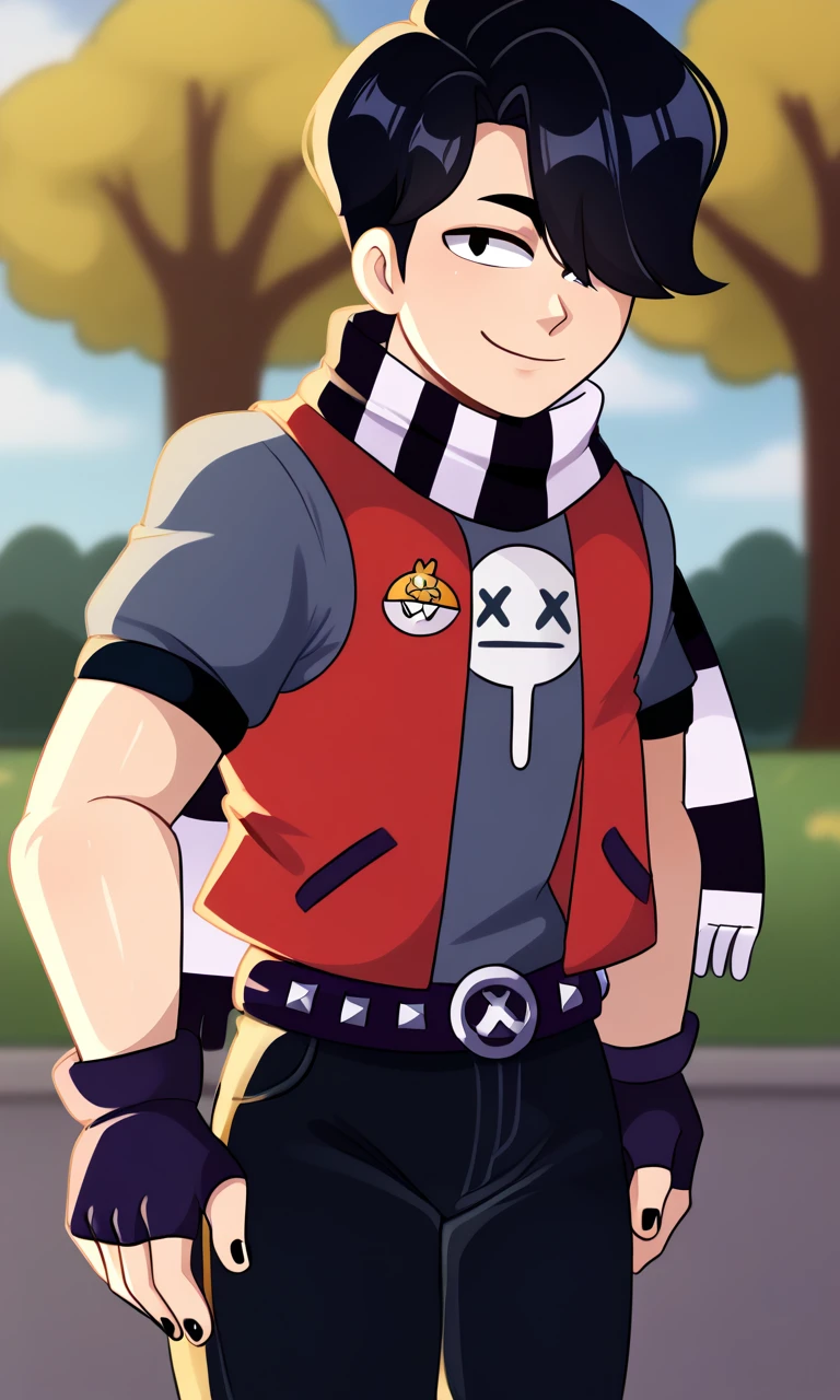 mature male, looking at viewer, park, solo, shiny skin,, black eyes,cowboy shot, light smile ,amemomos,bsedgar , 1boy , short hair , black hair, hair over one eye, , solo,striped scarf ,red vest , grey shirt, short sleeves, belt , black pants ,black gloves, fingerless gloves, , black nails,
