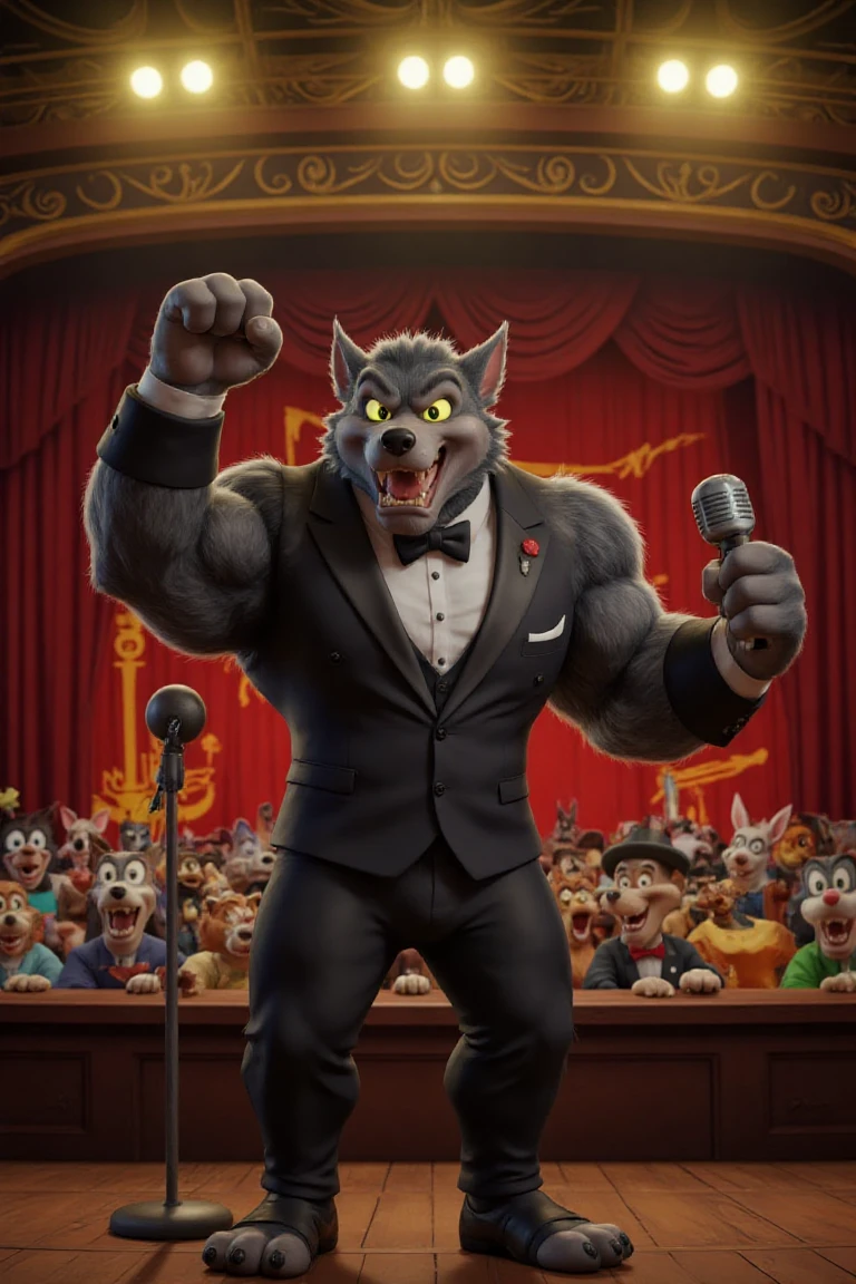 wolf McHowl, the big, buff werewolf in Looney Tunes-style, wearing a classic black tuxedo and bow tie, standing on a grand theater stage. He holds a tiny microphone and dramatically flexes one arm while singing an opera note so powerful that the entire audience (a mix of goofy cartoon animals) is blown backward by the force. The background is a classic red curtain stage, with golden spotlights shining on him.
