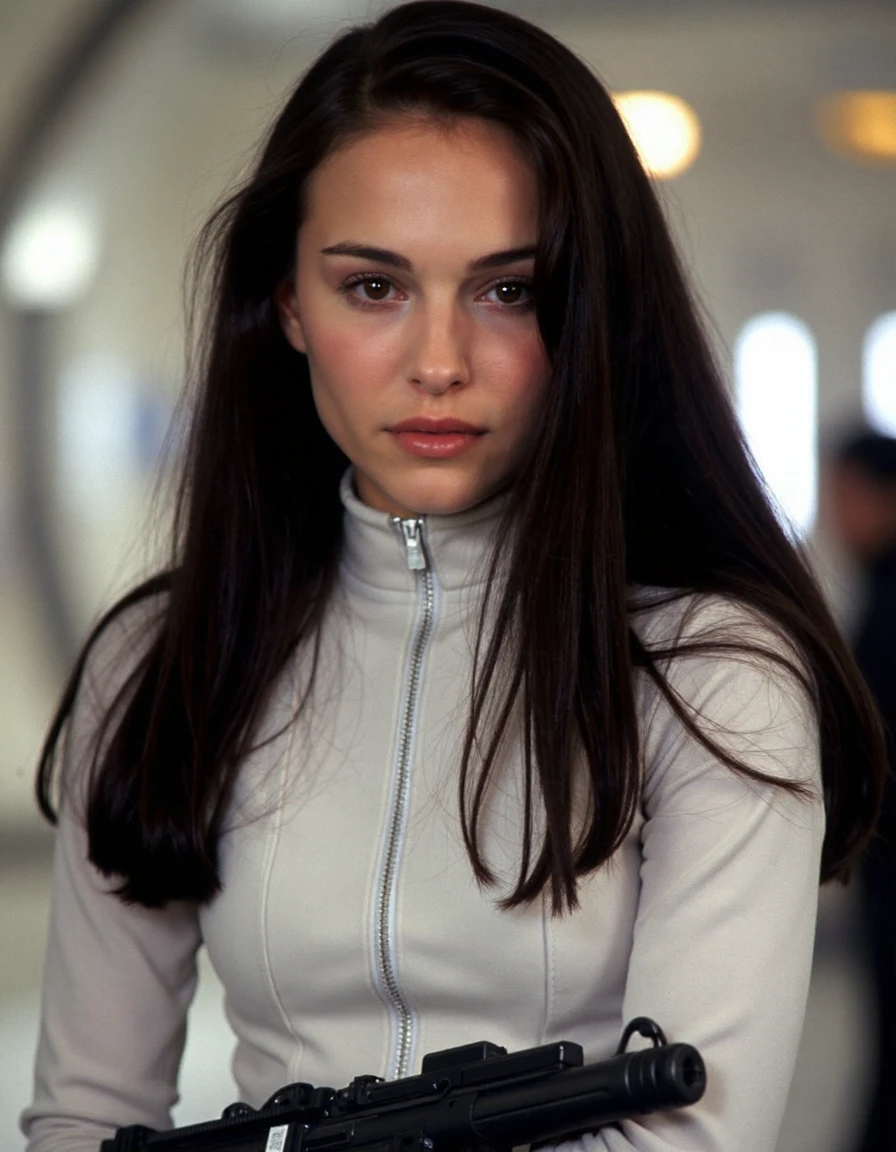 <lora:Natalie_Portman_Ca1999:1> woman, serious, long dark wavy hair, shy Tight Form-Fitting White Leather Body Suit, Black Holster On Hips, Star Wars Blaster In The Holder, Arms Folded, Background Is Interior Of Star Wars Space Station <Lora:zz_s_Fluxartis:0.5> A Highly Detailed Cinematic Photography.<Lora:zz_s_Stylish_Lighting:0.5>, Extreme Close-Up, Zoomed, Focus On Face, Centered, Macro Shot, Face Centered, Focus On Eyes, Looking Directly At The Viewer, Looking Directly At The Camera, Making Eye Contact, Looking Straight Ahead, <lora:zz_s_Chest_Size_Slider:-2> High Collar, Chest Covered