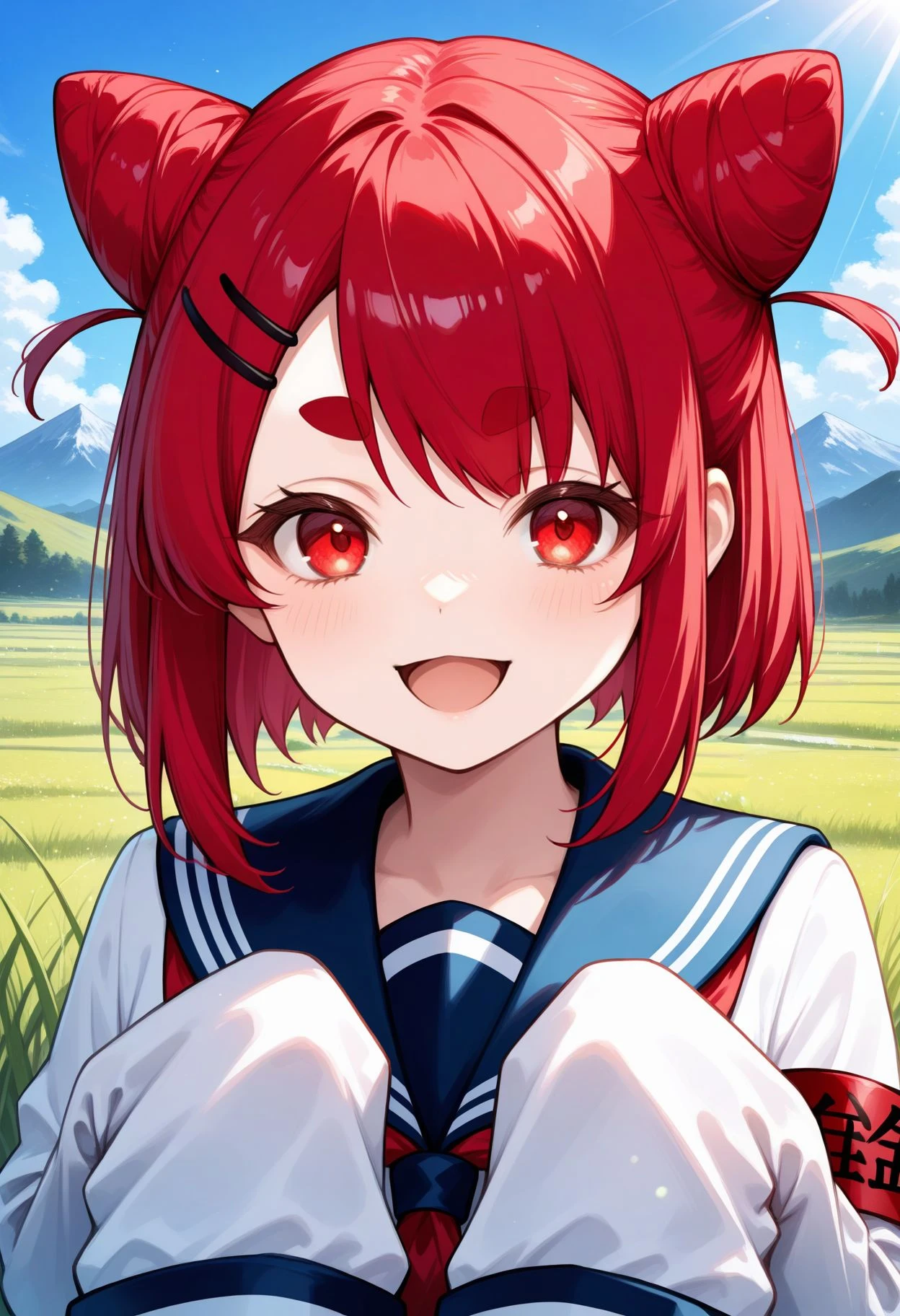 masterpiece, best quality, high resolution, absurdres,
grass, tall grass, meadow, mountain in background, creek, blue sky, tall clouds, sunlight lighting, looking at viewer, smile, close portrait, smile, open mouth,
<lora:nekoyamada neko illu:1> 1girl, red hair, red eyes, thick eyebrows, hairclip, hair ornament, double bun, cone hair bun, short eyebrows, school uniform, serafuku, white shirt, sleeves past wrists, blue sailor collar, long sleeves, sleeves past fingers, pleated skirt, armband