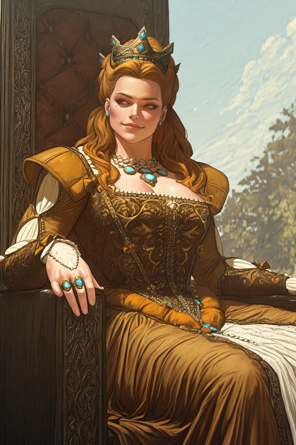 masterpiece, good quality, best quality, very awa, very as2, absurdres, highres, comic
<lora:Anna HenriettailluLoRA:1>anhnritta, long hair, wavy hair, crown, mole under eye, earrings, dress, necklace, gem, ring, sexy smile, on a throne, ray of light, from side, outdoors, flowers, sitting