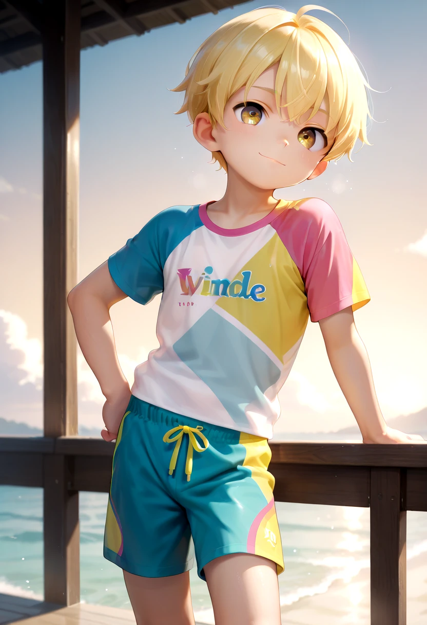 sota, 1boy, (blonde hair:1.2), colorful rashguard, long swimming trunks, happy, male, male focus, closed mouth, looking at viewer,male, male focus, petite, vivid colors, petite, cute, young, masterpiece, high quality, very_high_resolution, large_filesize, full color, detailed face,, <lora:tbr/cutifiedanimecharacterdesign_style_Illustrious_V10:1.0>
