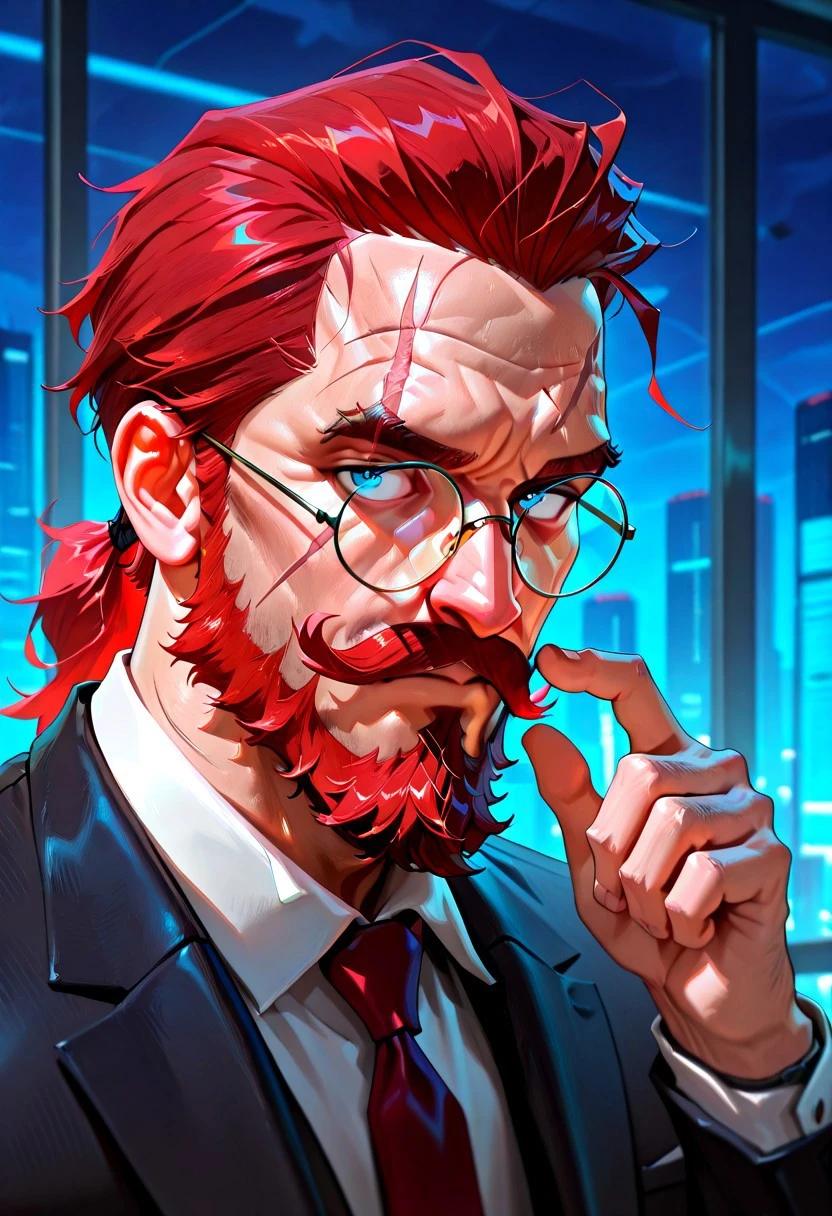 masterpiece, best quality, newest, absurdres, highres, FantasyCardd-V1.0, 1boy, glasses, red hair, suit, round glasses, beard, facial hair, mustache, scar, scars on face