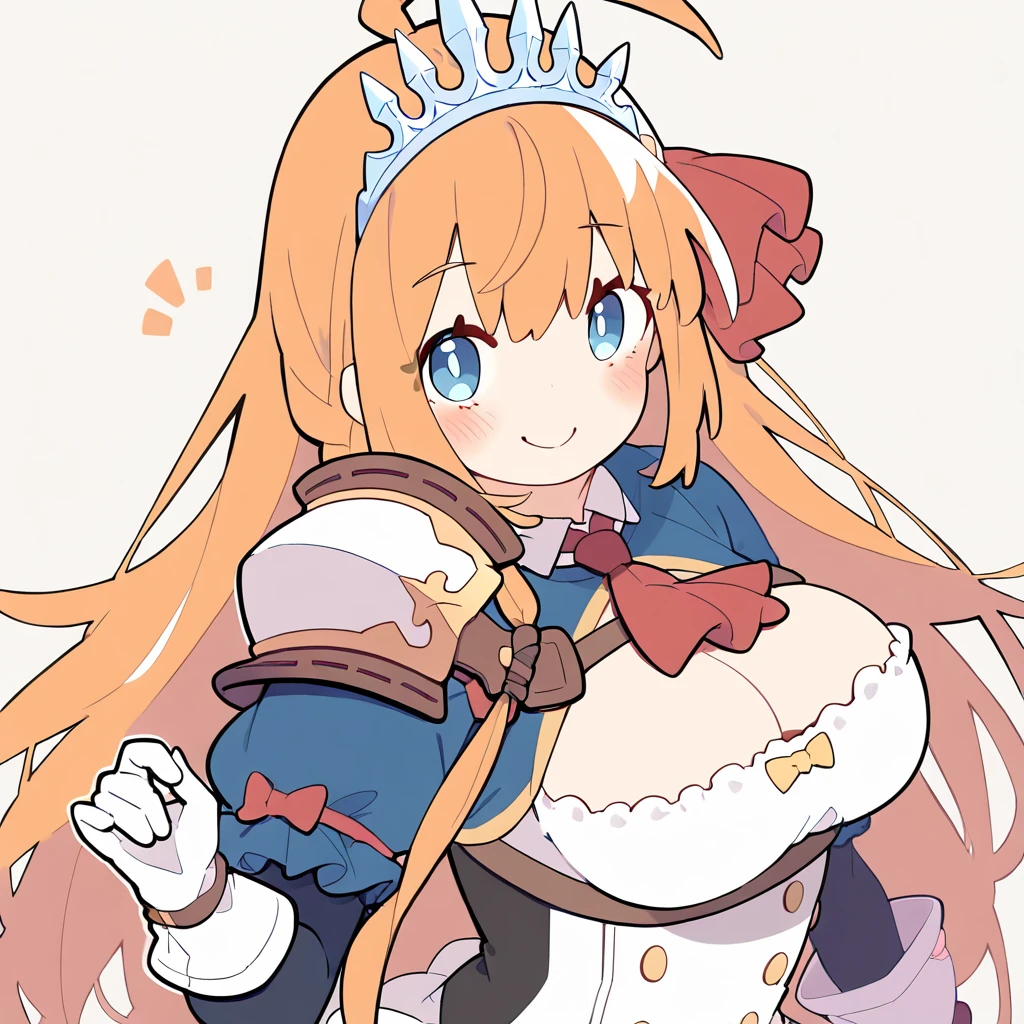 (masterpiece, best quality:1.2),illustration,8k,hd,1girl,solo,upper body,(portrait:1.2),long hair,tiara,ahoge,orange hair,gloves,breasts,blue eyes,shoulder armor,armor,looking at viewer,white gloves,boots,cleavage,short sleeves,closed mouth,skirt,ribbon,blush,bangs,pauldrons,hair ribbon,blue socks,white footwear,large breasts,ascot,very long hair,puffy sleeves,<lora:Pecorine(pri)>,