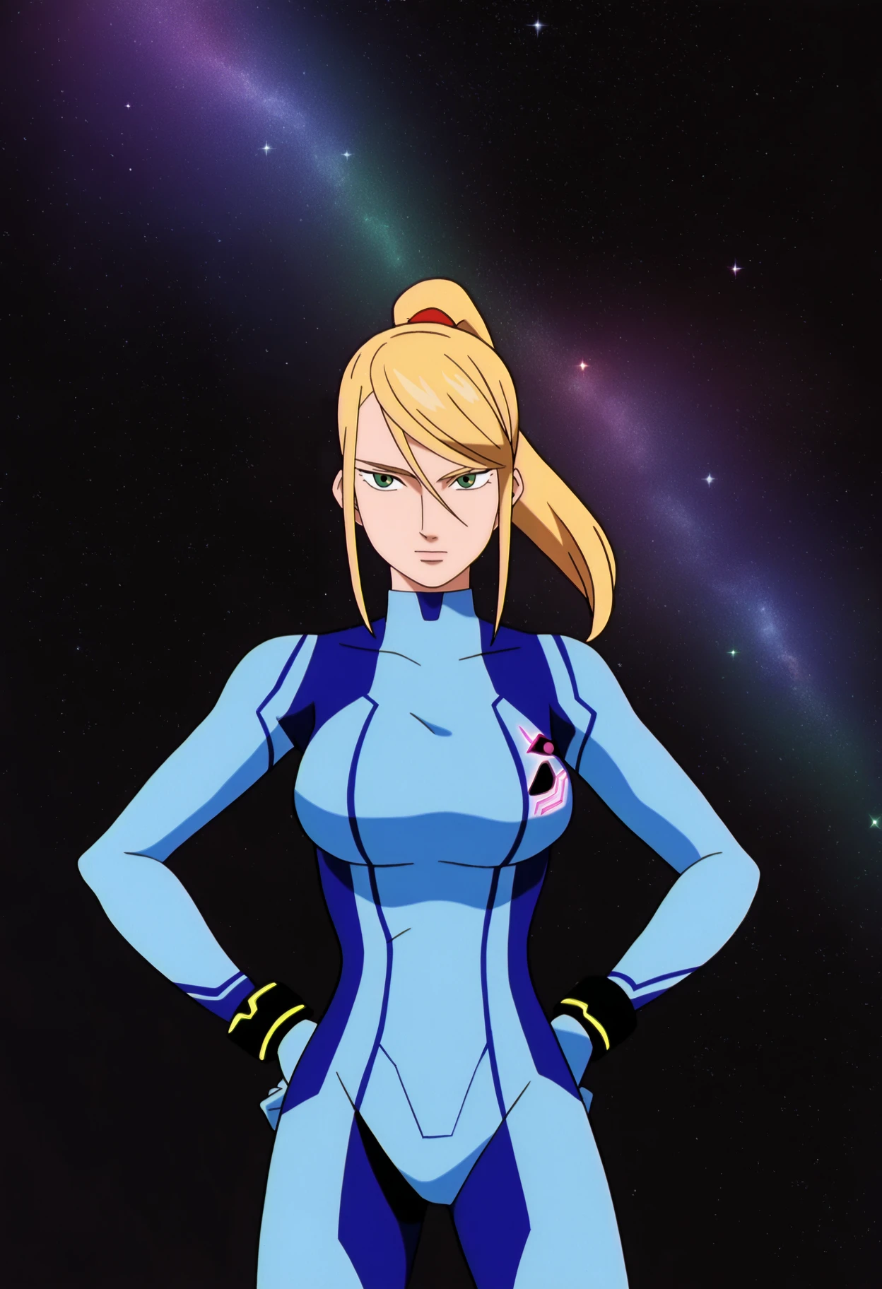 best quality, amazing quality, very aesthetic, absurdres,
BREAK
(black background, galaxy background, starry background:1.8)
1girl, samus aran, green eyes, blonde hair, medium hair, ponytail, sidelocks,
blue bodysuit,
looking at viewer, standing, hands on hips, <lora:GundamWingNoobLocon_byKonan:1>