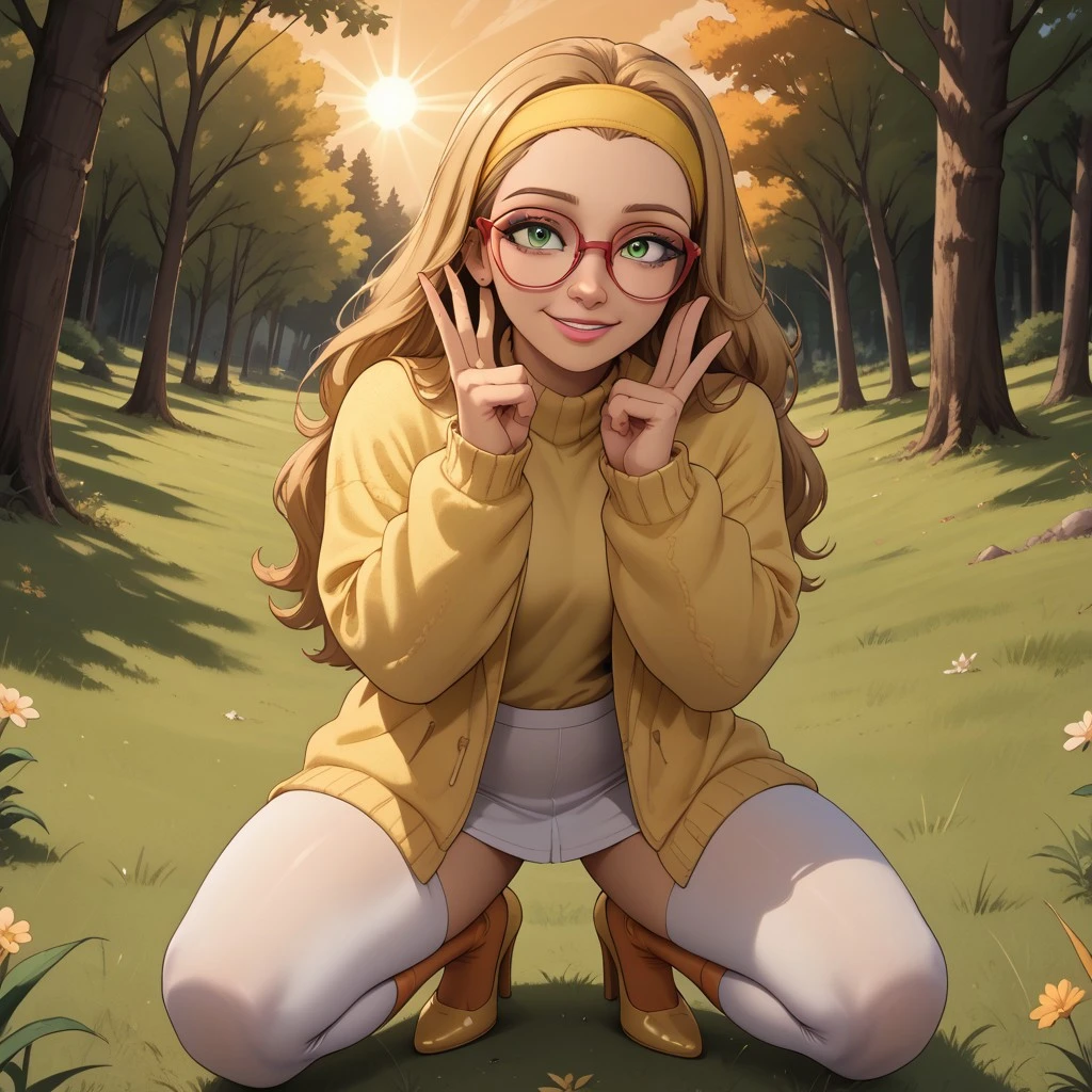 score_9, score_8, BREAK, solo, blonde hair, long hair, light green eyes, red glasses, yellow headband, pink lips, lipstick, yellow sweater, yellow shirt, grey leggings, orange socks, yellow high heels, breasts, Honey_Lemon_(Big_Hero_6), cute, sexy pose, self portrait, smile, outdoors, sunlight, shadows, evening lighting, natural lighting, forest, trees, grass, orange sky, sunset