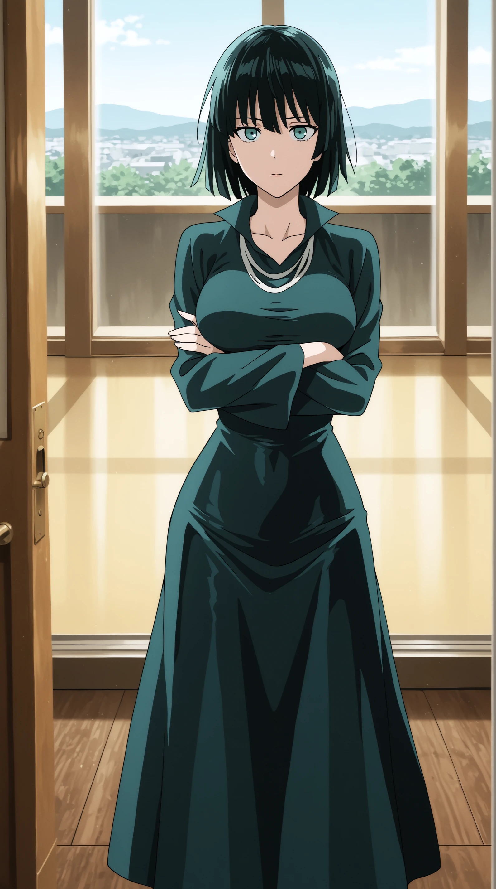 masterpiece, best quality, indoors, cinematic lighting, amazing quality, very aesthetic, absurdres, best quality, 4k, upscale, Fubuki, Main Outfit, solo, looking at viewer, sky, crossed arms, expressless, <lora:JN_Fubuki_Illus:0.8>