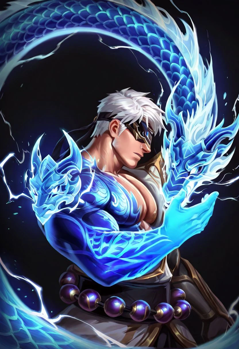 1boy,bara,male,solo,profile,black background,electricity,
one blue arm,blue eastern dragon,glowing,storm-dragon-lee-sin,tattoo,white hair,large beads around waist,blindfold,
cmnm in western style,
<lora:storm_dragon_lee_sin:0.9>,<lora:4k:1>,<lora:SDS_Contrast tool_XL:1.5>,
<lora:HoloEden:1>,