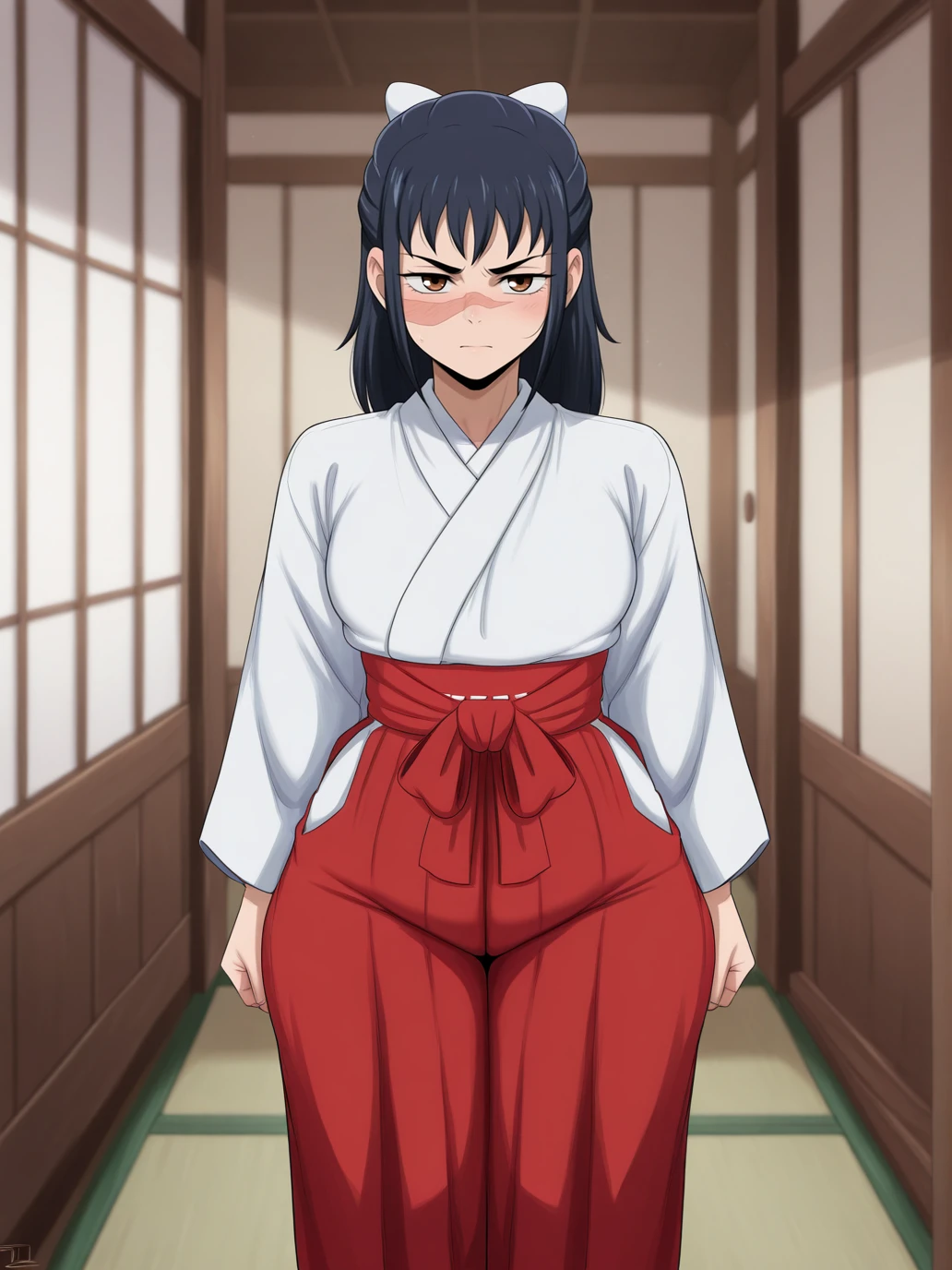 (masterpiece, amazing quality, best quality), <lora:blackwhiplash(bwl)-guy90-Illust-Lycorisv1:1>, blaash,
<lora:UtahimeIL:1>, iori utahime, 1girl, solo, long hair, black hair, ponytail,
skirt, hakama, hakama skirt, red hakama, skirt, red skirt, long skirt, japanese clothes, miko, bow, ribbon, hair ribbon, brown boots, looking at viewer,
scar, scar on face, scar on nose, brown eyes,
standing,