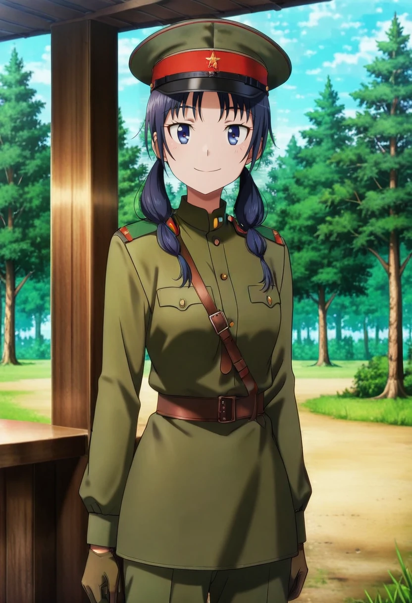masterpiece, best quality, absurdres, detailed skin, detailed face, detailed eyes, anime colored, anime screencap, anime colored,
<lora:Uomi_Chihiro:1>, uomi, 1girl, looking at viewer, smile,
<lora:Soviet_Red_Army_ww2:0.6>, ((Gymnastyorka uniform)), m35 officer hat, cowboy shot, gloves, belt, long sleeves, green military uniform, soviet,
plain, tree,