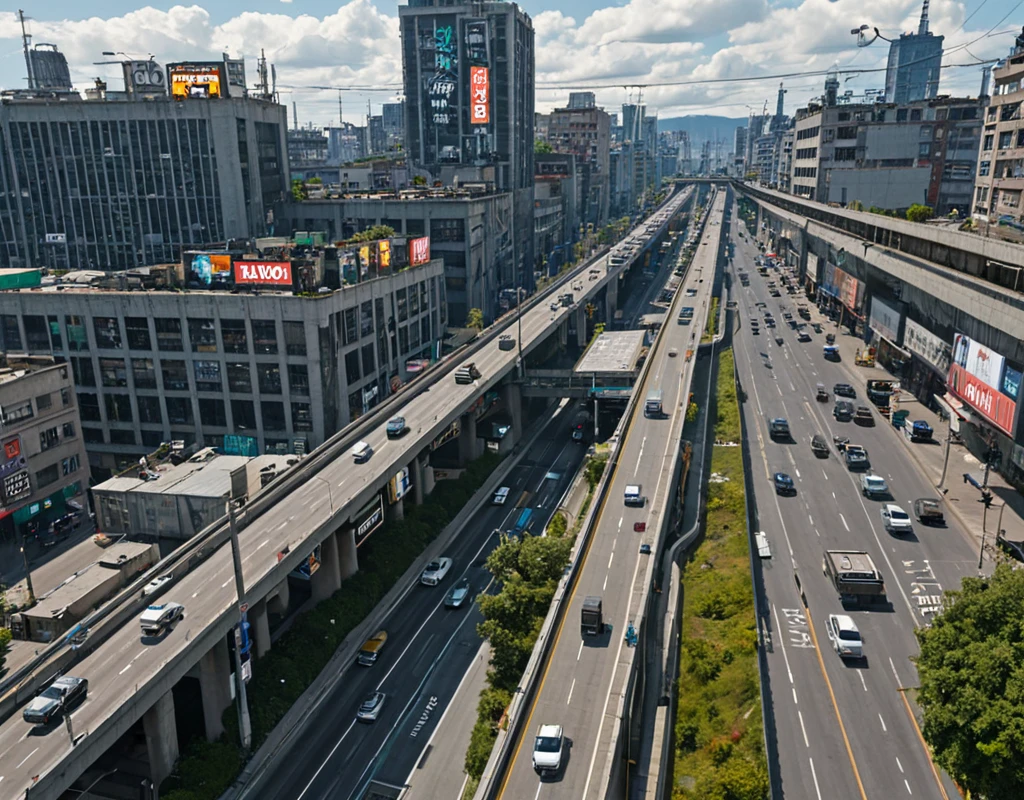 <lora:City_Worlds-1:1> realistic photo of citybkg, cyberpunk, day, sunny, clouds, detailed, street, traffic, futuristic, elevated highway, front aerial view, high buildings, low buildings, buildings under highway, billboard over building, billboard on building, tunnels, electric poles, vegetation, signs, shop under highway, street shop,