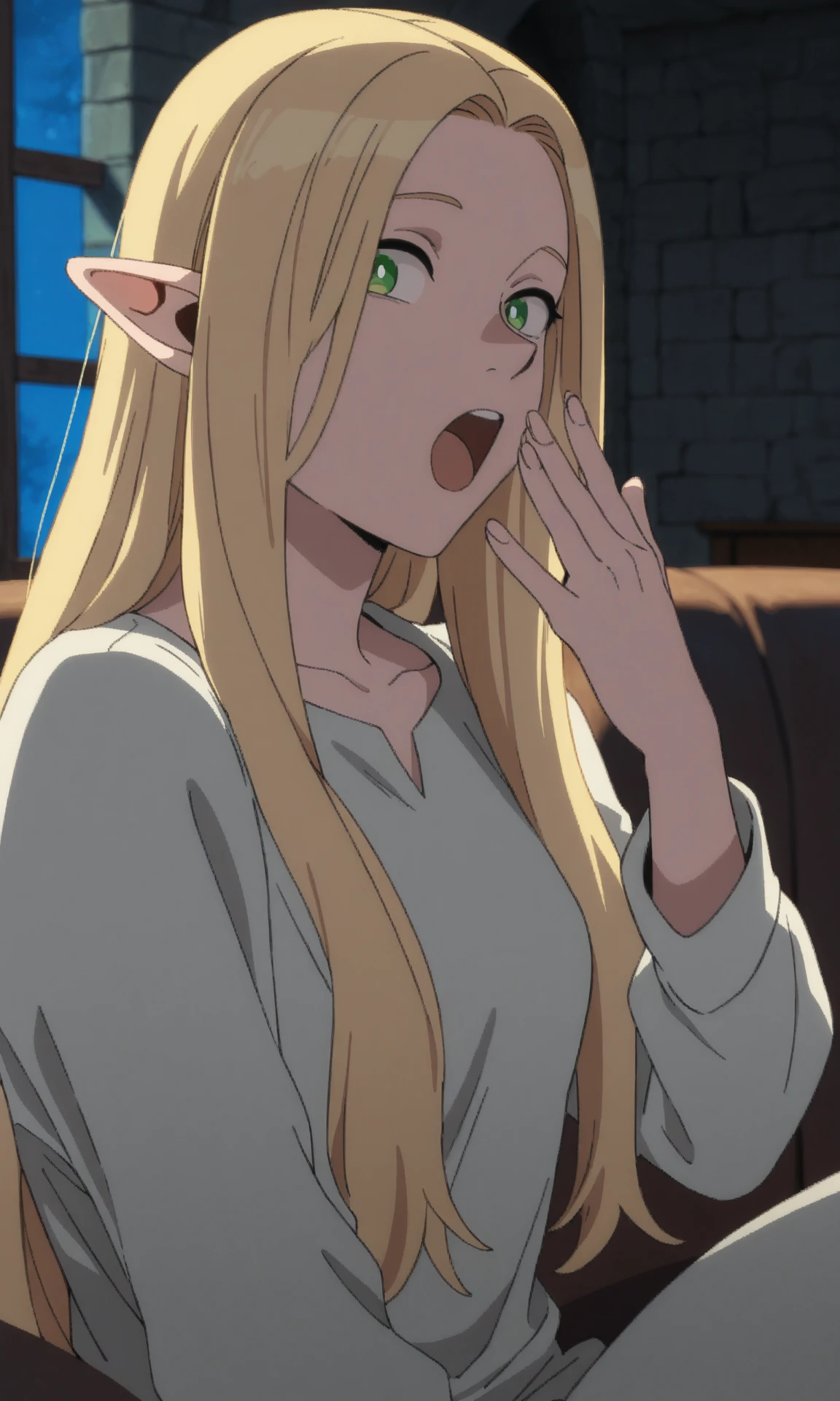 marcillemv, longhairhaircut, 1girl, solo, pointy ears, blonde hair, green eyes, white shirt, indoors, bedroom, medieval, window, night, yawning, hand up, looking at viewer, sitting, sofa,
(masterpiece, best quality:1.2), absurdres, highres, 