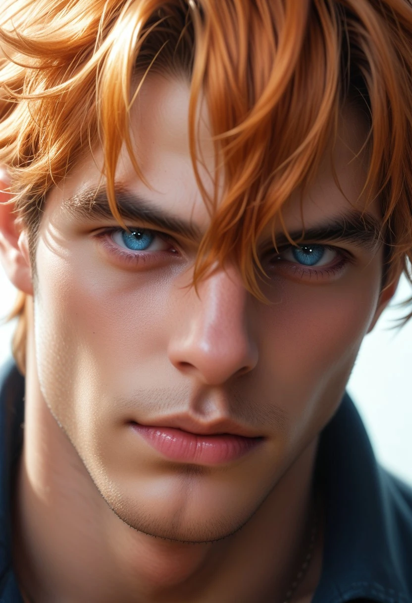 score_9, score_8_up, score_7_up, score_6_up, score_5_up, score_4_up, 32KM4G1C Style, 1boy, solo, male focus, blue eyes, looking at viewer, close-up, orange hair, portrait, bangs, closed mouth, short hair, lips, hair between eyes