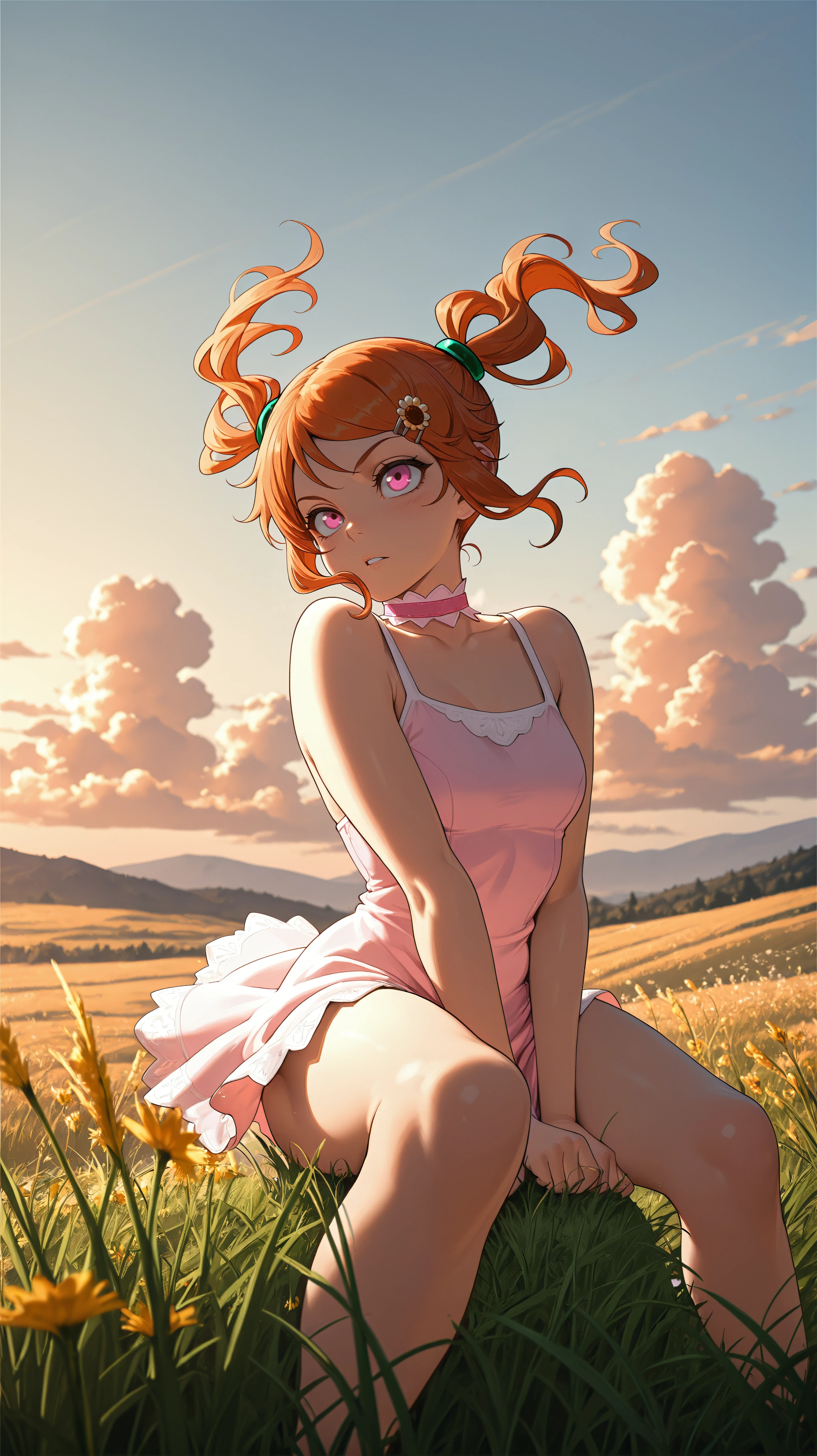 masterpiece, best quality, amazing quality, girl, dynamic pose, figure four sitting, <lora:Gauche - Illu-000004:1>, orange hair, twintails, green hair rings, hair clip, pink eyes, pink sundress, pink choker, meadow, dusk, rolling hills, tall grass, wildflowers, golden hour, scattered clouds, distant mountains,