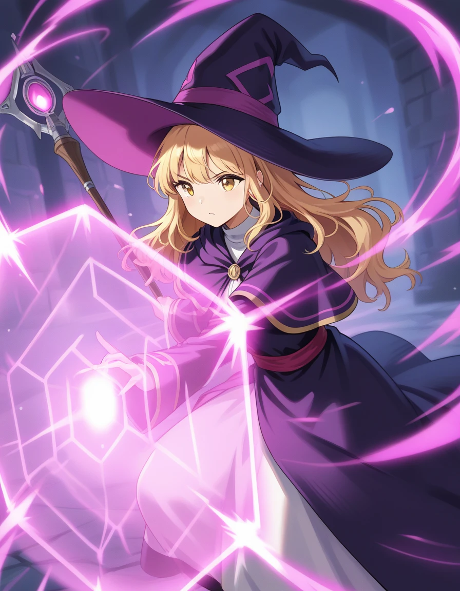 ((barrier,energy barrier)),1girl,solo,witch,witch_hat, action,dynamic pose, cowboy shot, action,magic,<lora:barrier_v1_illustrious_d:1> ,staff, long hair, blonde hair,capelet,deflect,magic,incoming attack,long dress, force_field,,hexagonal_barrier
